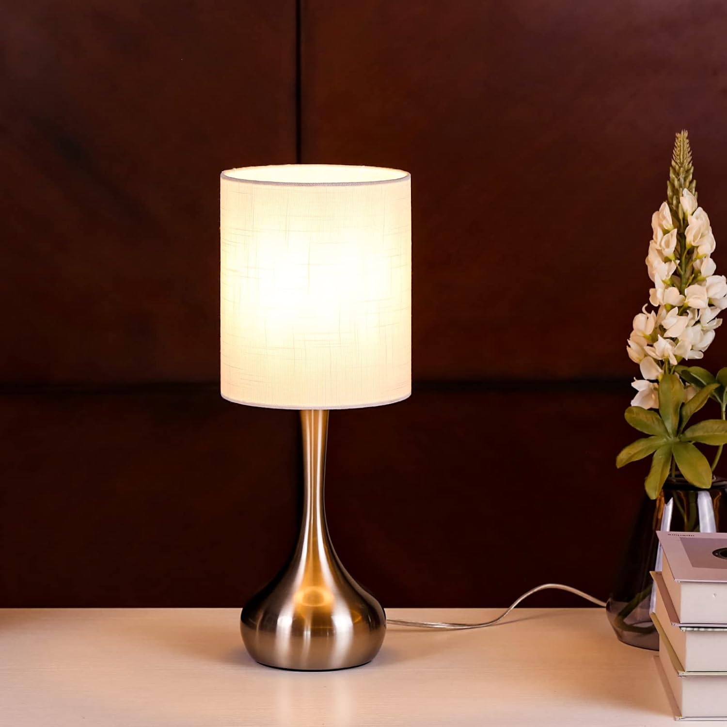 Modern Small Desk Lamp with Silver Metal Base and White Linen Shade - Perfect for Bedroom, Living Room, Office - 17.3" Table Lamp
