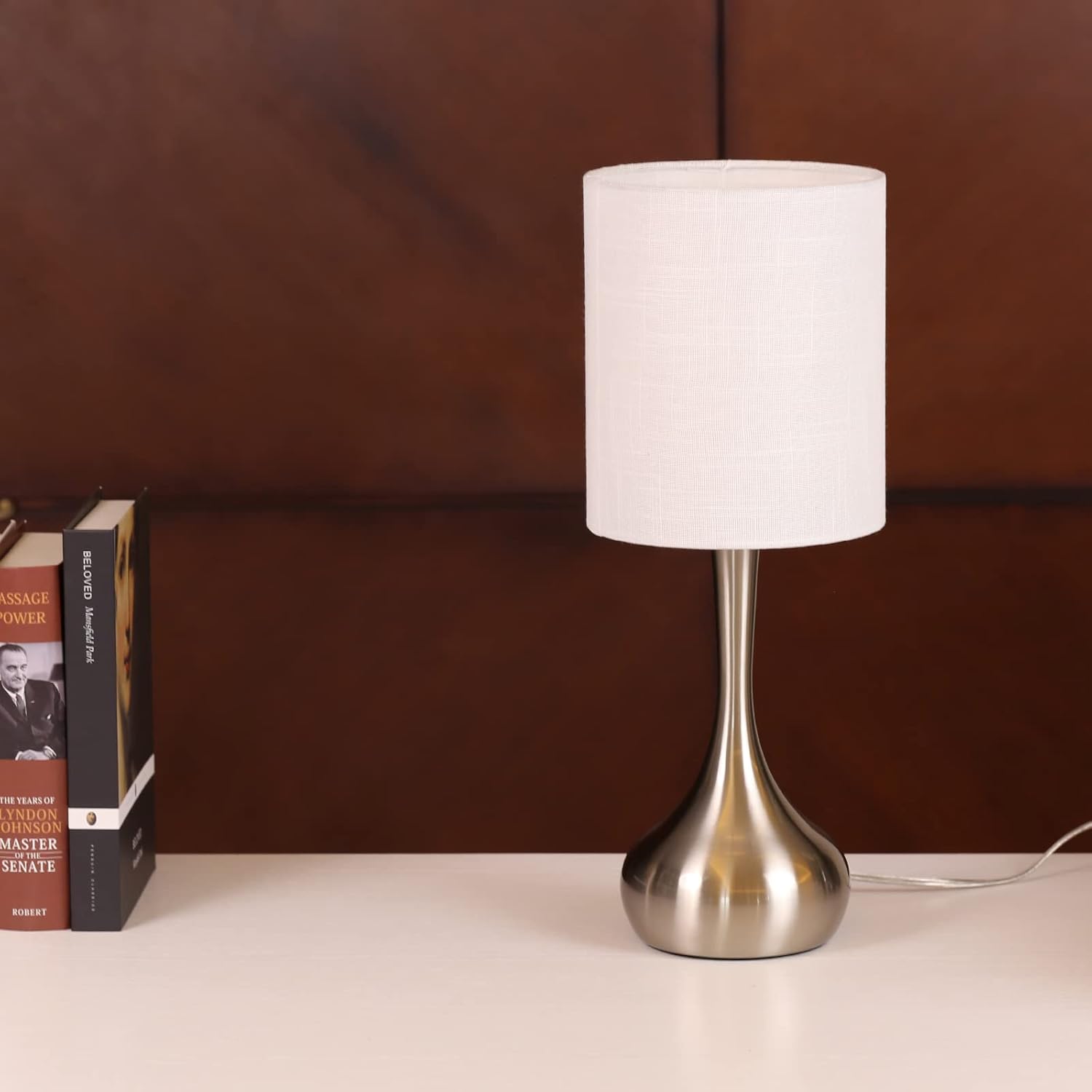 Modern Small Desk Lamp with Silver Metal Base and White Linen Shade - Perfect for Bedroom, Living Room, Office - 17.3" Table Lamp