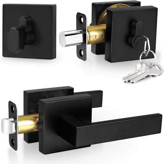 Modern Square Matte Black Door Handle with Single Cylinder Deadbolt Combo Pack - Exterior Handleset Set, 1Pack