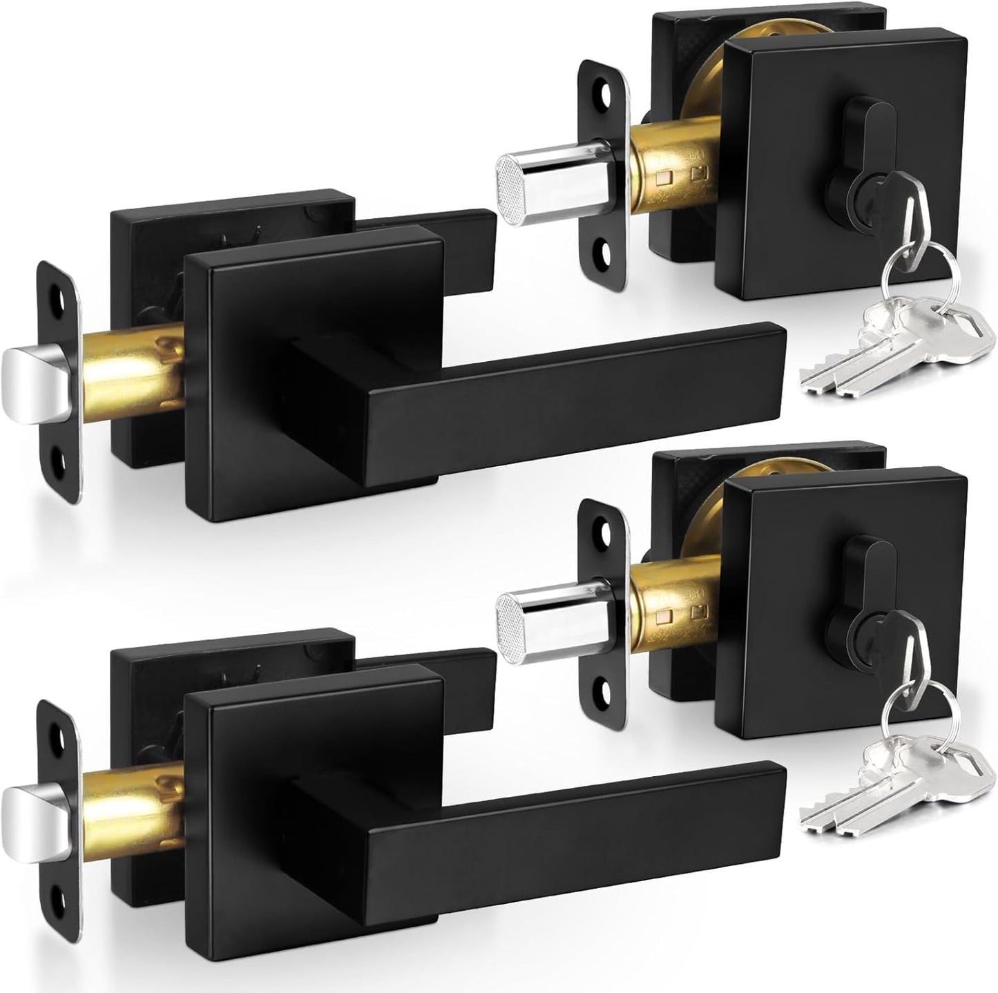 Modern Square Matte Black Passage Door Handles with Single Cylinder Deadbolts Combo Pack - Exterior Door Levers and Deadbolts Set, 2 Pack - WildKart