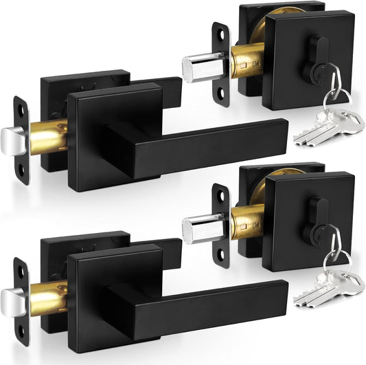 Modern Square Matte Black Passage Door Handles with Single Cylinder Deadbolts Combo Pack - Exterior Door Levers and Deadbolts Set, 2 Pack - WildKart