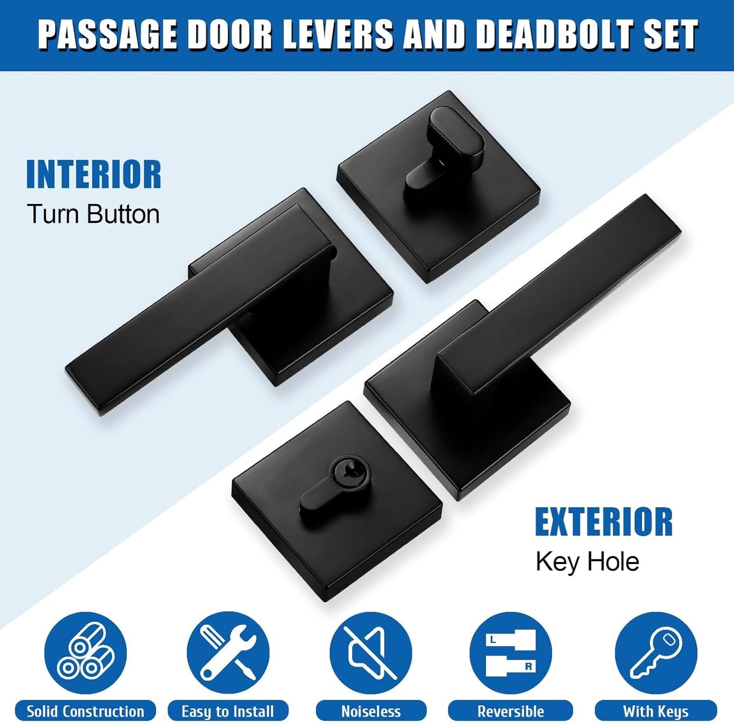 Modern Square Matte Black Passage Door Handles with Single Cylinder Deadbolts Combo Pack - Exterior Door Levers and Deadbolts Set, 2 Pack - WildKart