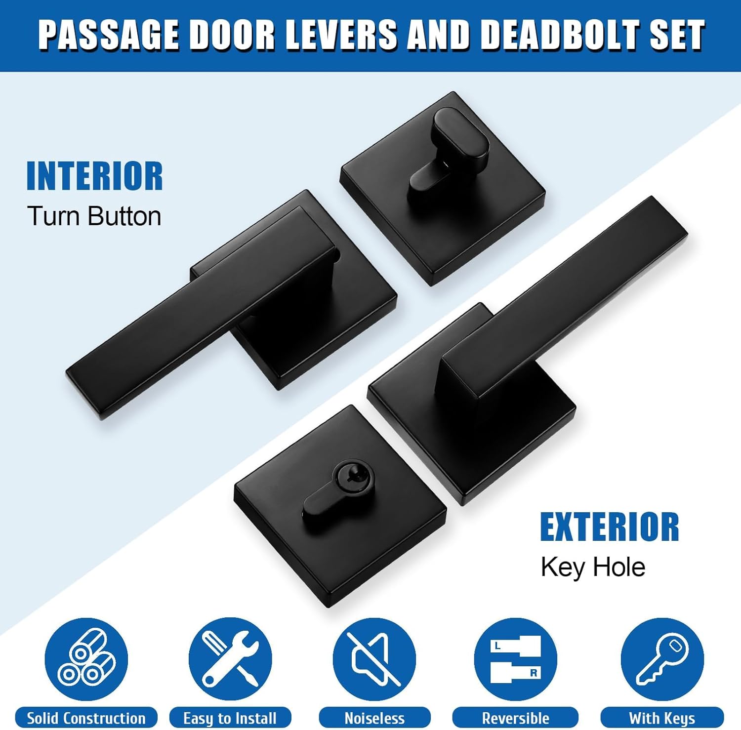 Modern Square Matte Black Passage Door Handles with Single Cylinder Deadbolts Combo Pack - Exterior Door Levers and Deadbolts Set, 2 Pack - WildKart