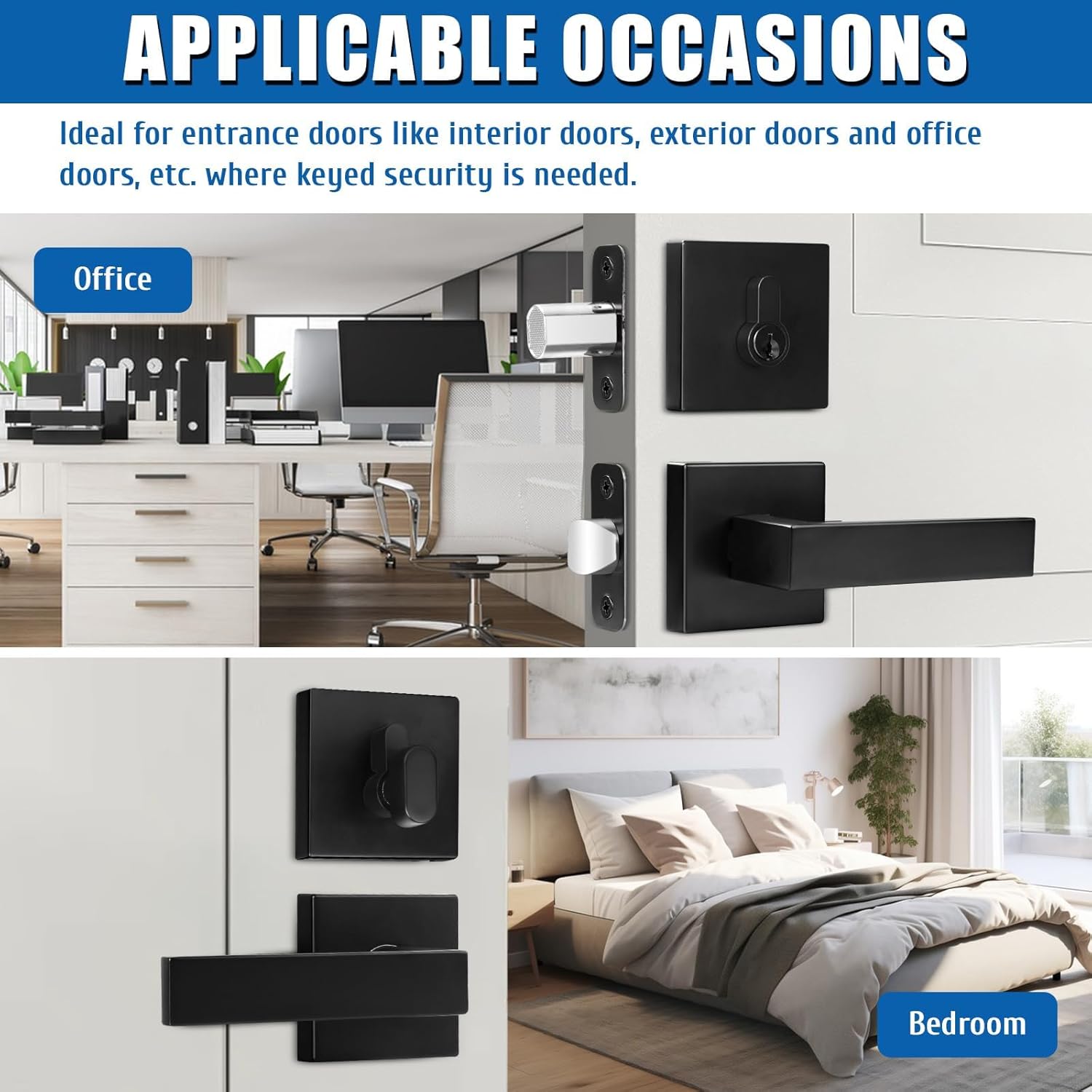 Modern Square Matte Black Passage Door Handles with Single Cylinder Deadbolts Combo Pack - Exterior Door Levers and Deadbolts Set, 2 Pack - WildKart