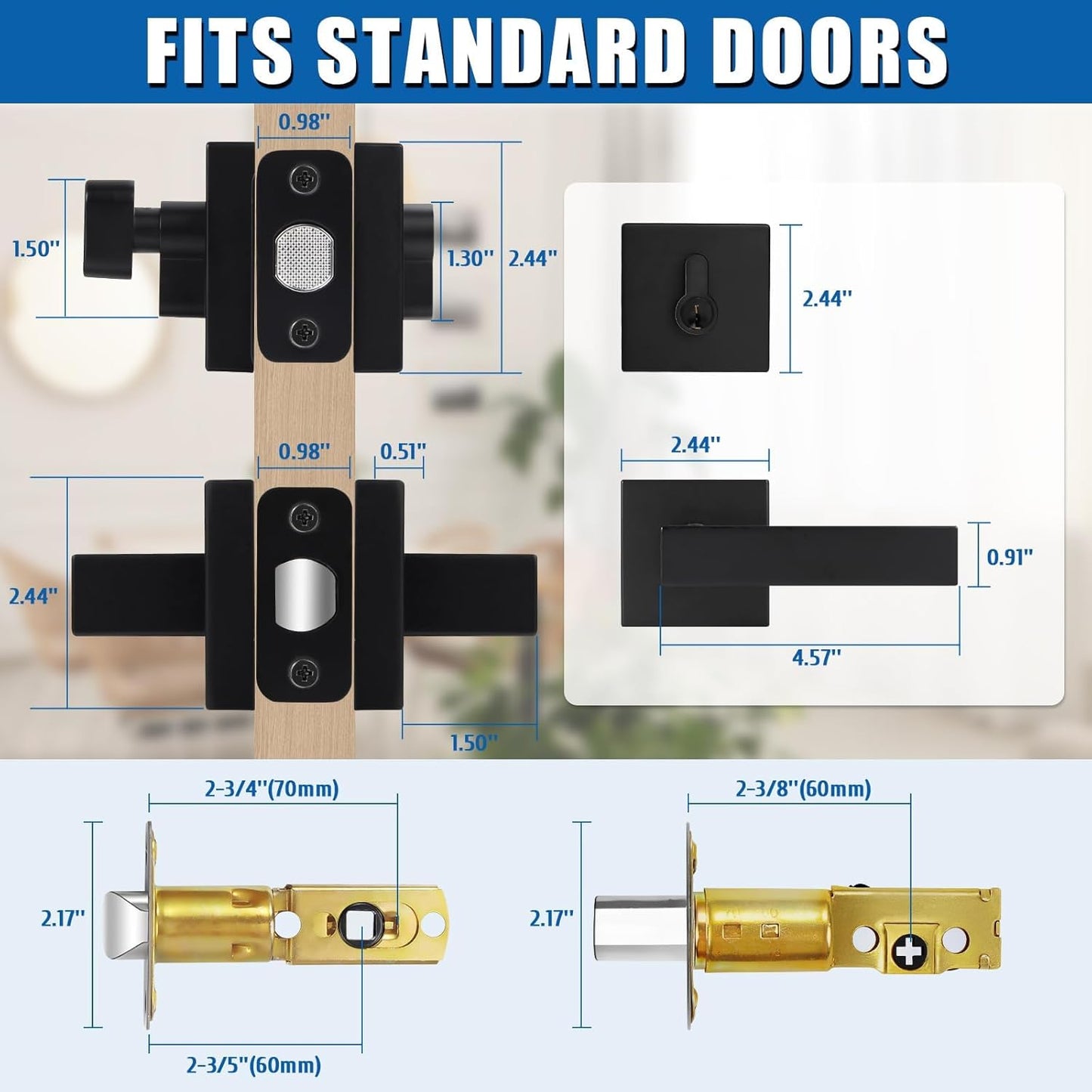 Modern Square Matte Black Passage Door Handles with Single Cylinder Deadbolts Combo Pack - Exterior Door Levers and Deadbolts Set, 2 Pack - WildKart