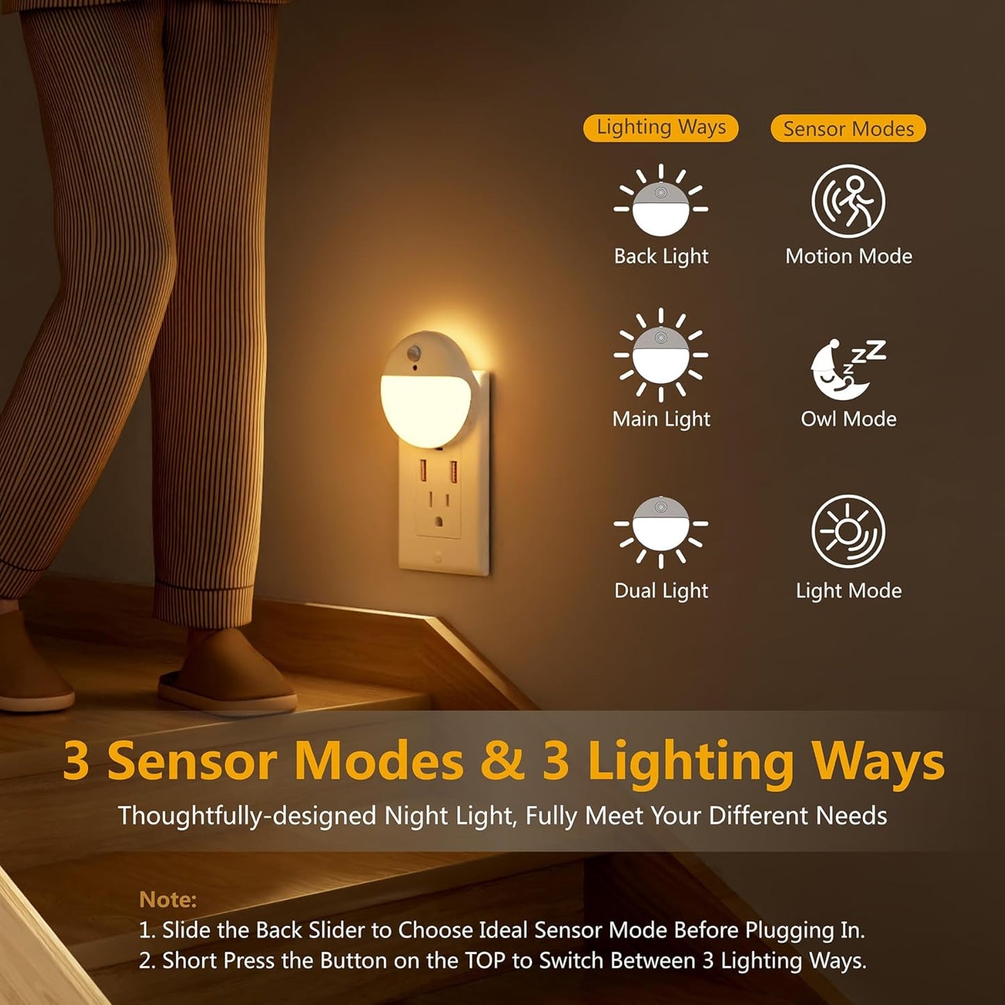 Motion Sensor Night Light 2 Pack with Stepless Dimming - Warm White LED Nightlight for Bathroom, Bedroom, Kitchen - Dusk to Dawn Sensor - Perfect Gifts for Kids, Adults