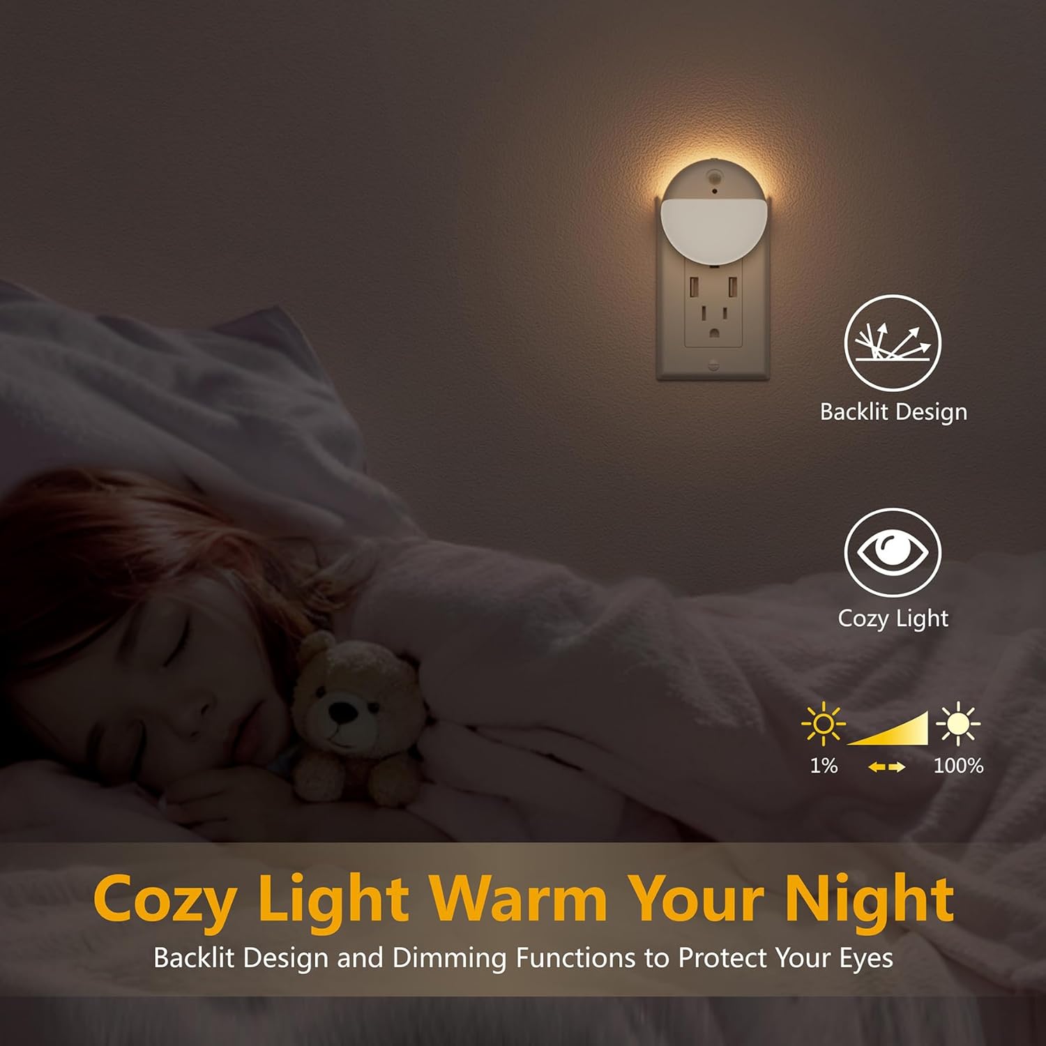 Motion Sensor Night Light 2 Pack with Stepless Dimming - Warm White LED Nightlight for Bathroom, Bedroom, Kitchen - Dusk to Dawn Sensor - Perfect Gifts for Kids, Adults