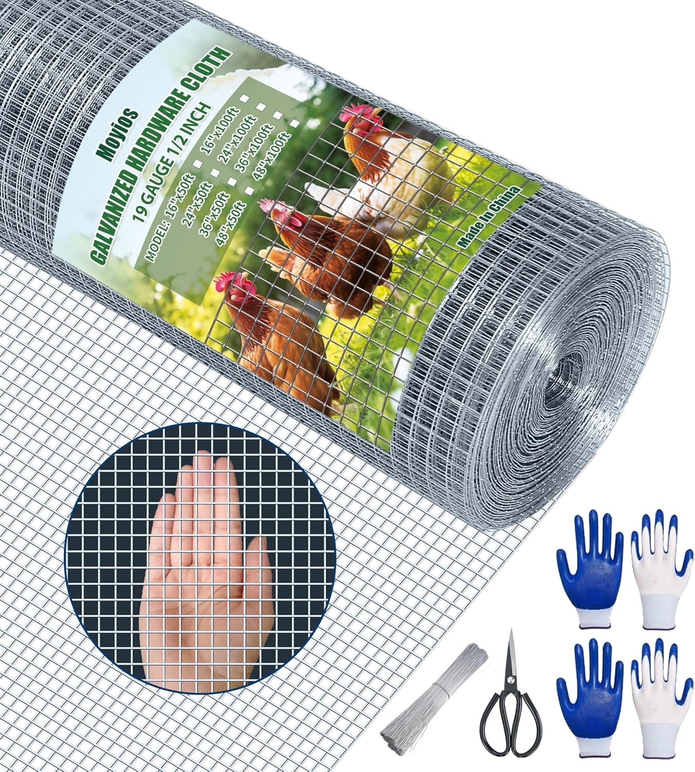 Moyios 1/2 Inch 16" x 50 FT 19 Gauge Hardware Cloth Roll - Hot Dip Galvanized Wire Mesh for Chicken Coops, Building, Crafts, Gardens, Dogs, and Poultry - Welded Silver Mesh Netting