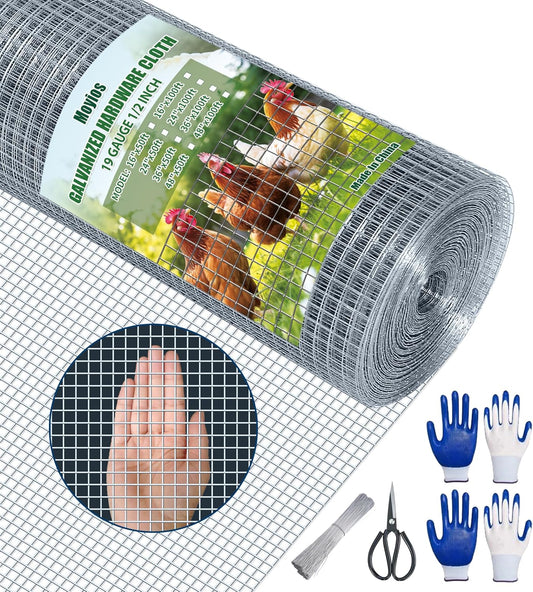 Moyios 1/2 Inch 16" x 50 FT 19 Gauge Hardware Cloth Roll - Hot Dip Galvanized Wire Mesh for Chicken Coops, Building, Crafts, Gardens, Dogs, and Poultry - Welded Silver Mesh Netting
