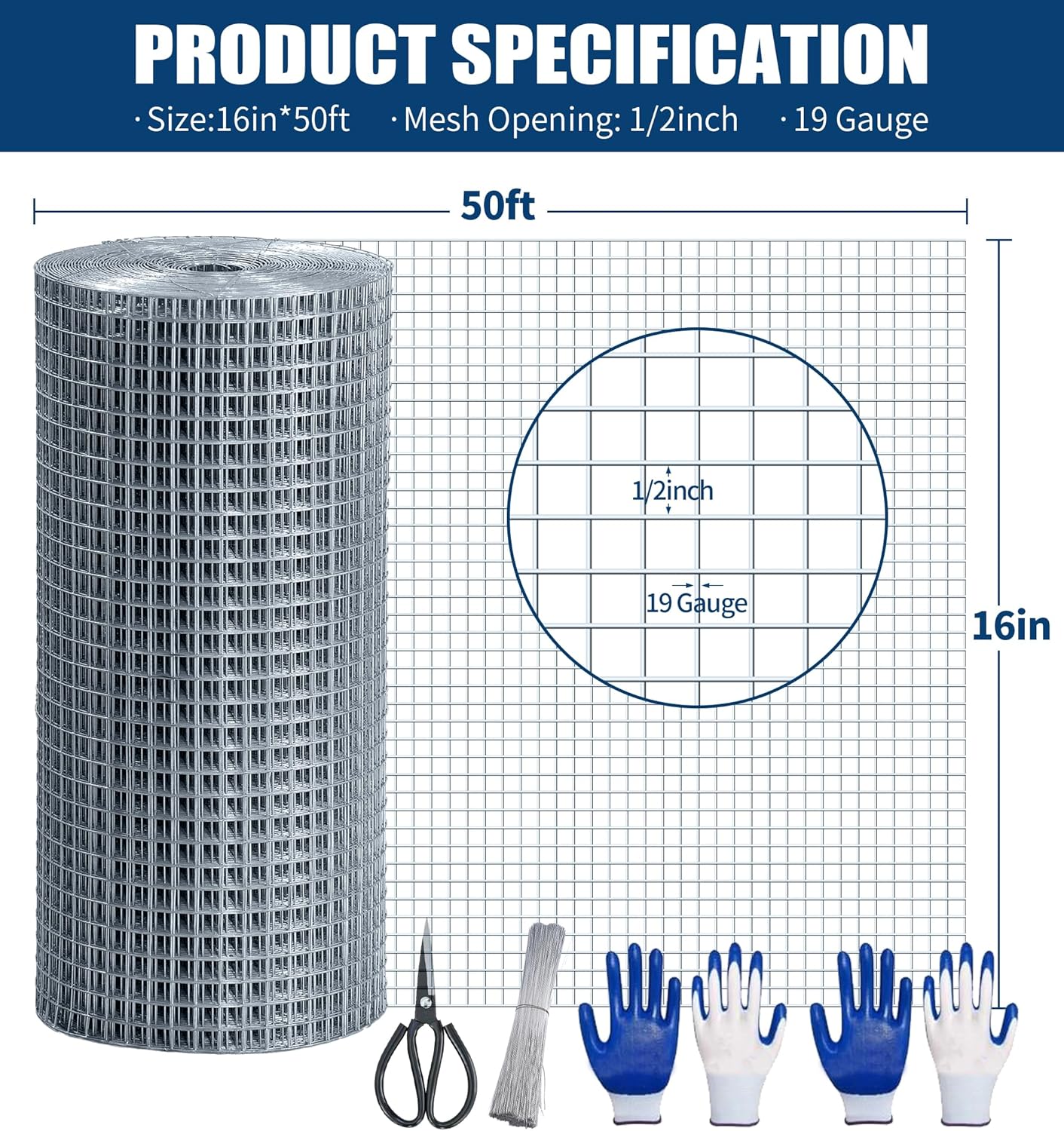 Moyios 1/2 Inch 16" x 50 FT 19 Gauge Hardware Cloth Roll - Hot Dip Galvanized Wire Mesh for Chicken Coops, Building, Crafts, Gardens, Dogs, and Poultry - Welded Silver Mesh Netting