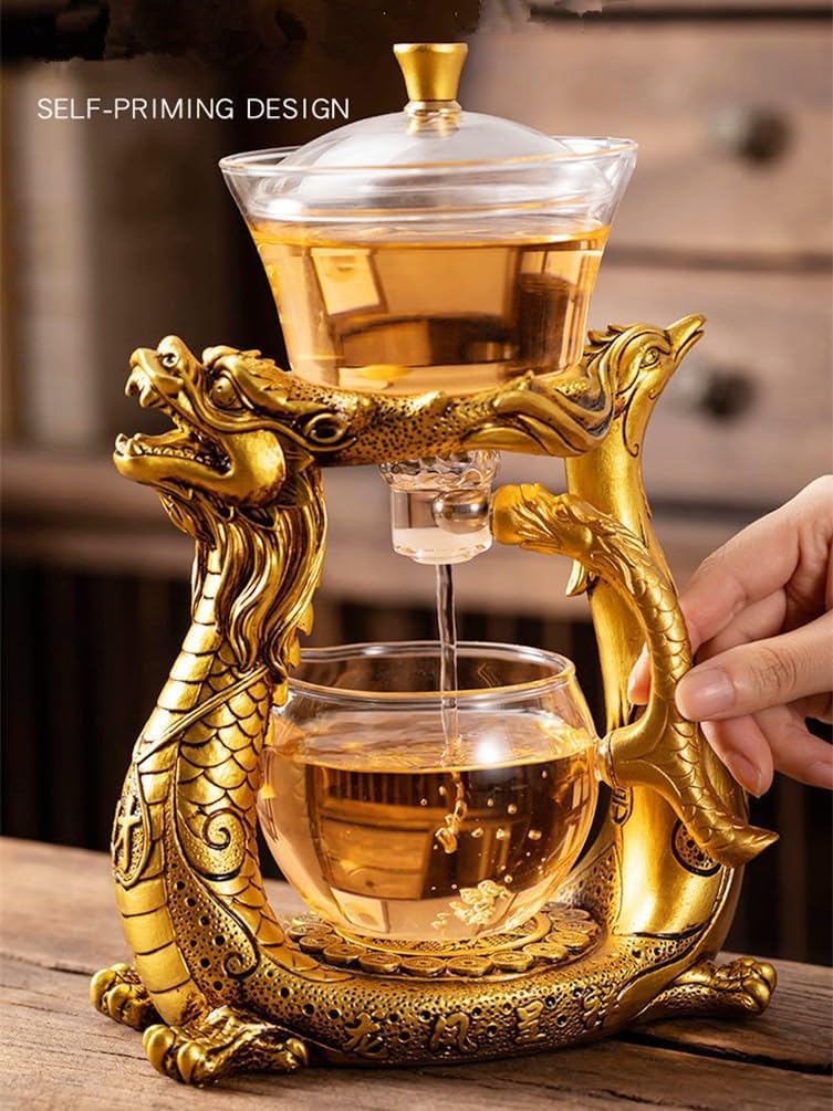 Mozeo Lazy Kungfu Glass Tea Set with Heat-Resistant Rotating Cover Bowl - Semi-Automatic Teapot Suit