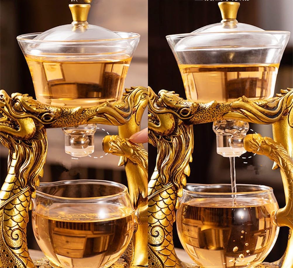 Mozeo Lazy Kungfu Glass Tea Set with Heat-Resistant Rotating Cover Bowl - Semi-Automatic Teapot Suit