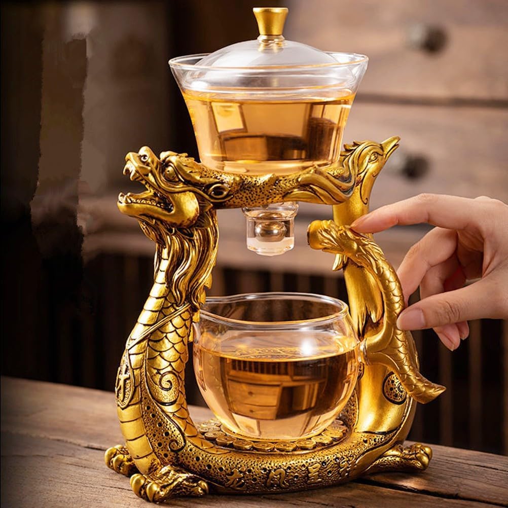 Mozeo Lazy Kungfu Glass Tea Set with Heat-Resistant Rotating Cover Bowl - Semi-Automatic Teapot Suit