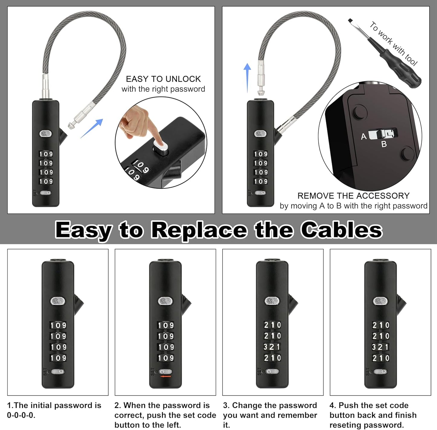 Multi-Purpose Combination Cable Lock with 3 Interchangeable Ropes - Ideal for Small Bikes, Cabinets, Fences, and Travel - Gun-Grey