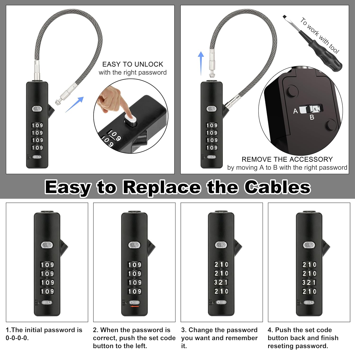 Multi-Purpose Combination Cable Lock with 3 Interchangeable Ropes - Ideal for Small Bikes, Cabinets, Fences, and Travel - Gun-Grey