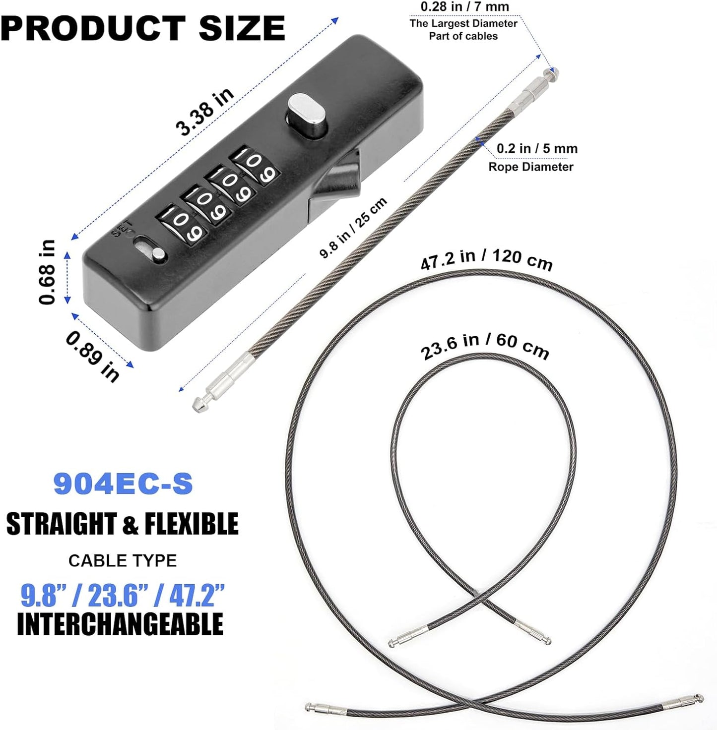 Multi-Purpose Combination Cable Lock with 3 Interchangeable Ropes - Ideal for Small Bikes, Cabinets, Fences, and Travel - Gun-Grey