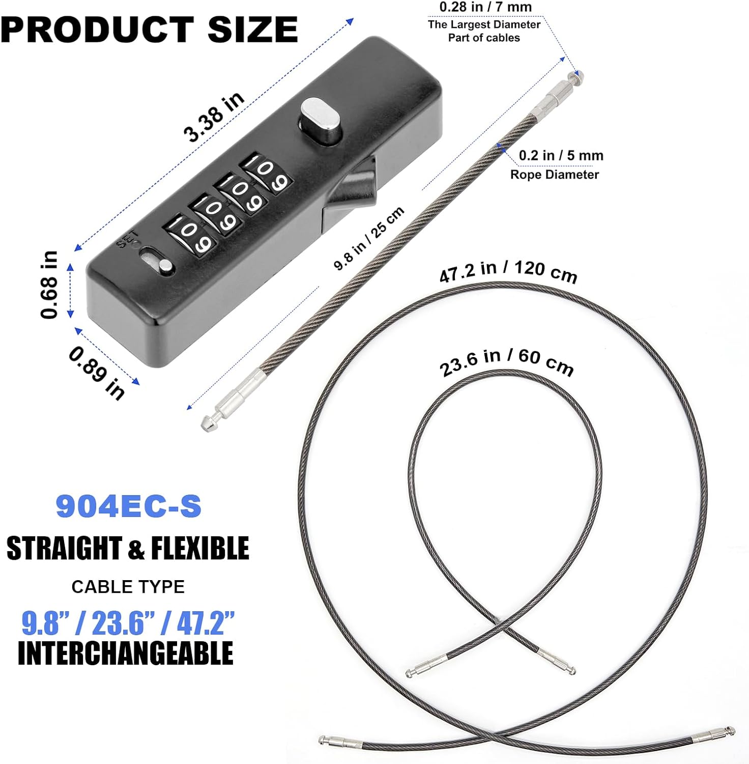 Multi-Purpose Combination Cable Lock with 3 Interchangeable Ropes - Ideal for Small Bikes, Cabinets, Fences, and Travel - Gun-Grey