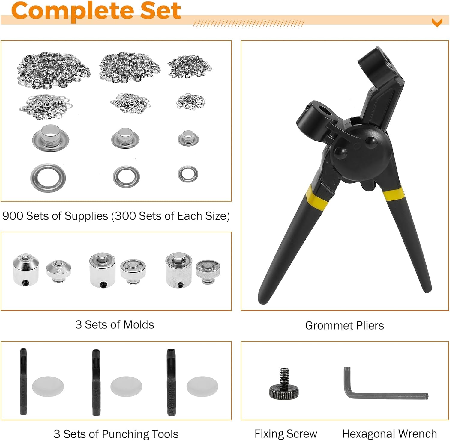 Multi-Size Grommet Tool Kit with 900 Supplies and Hollow Hole Punch Tool for Tarp, Leather, Canvas