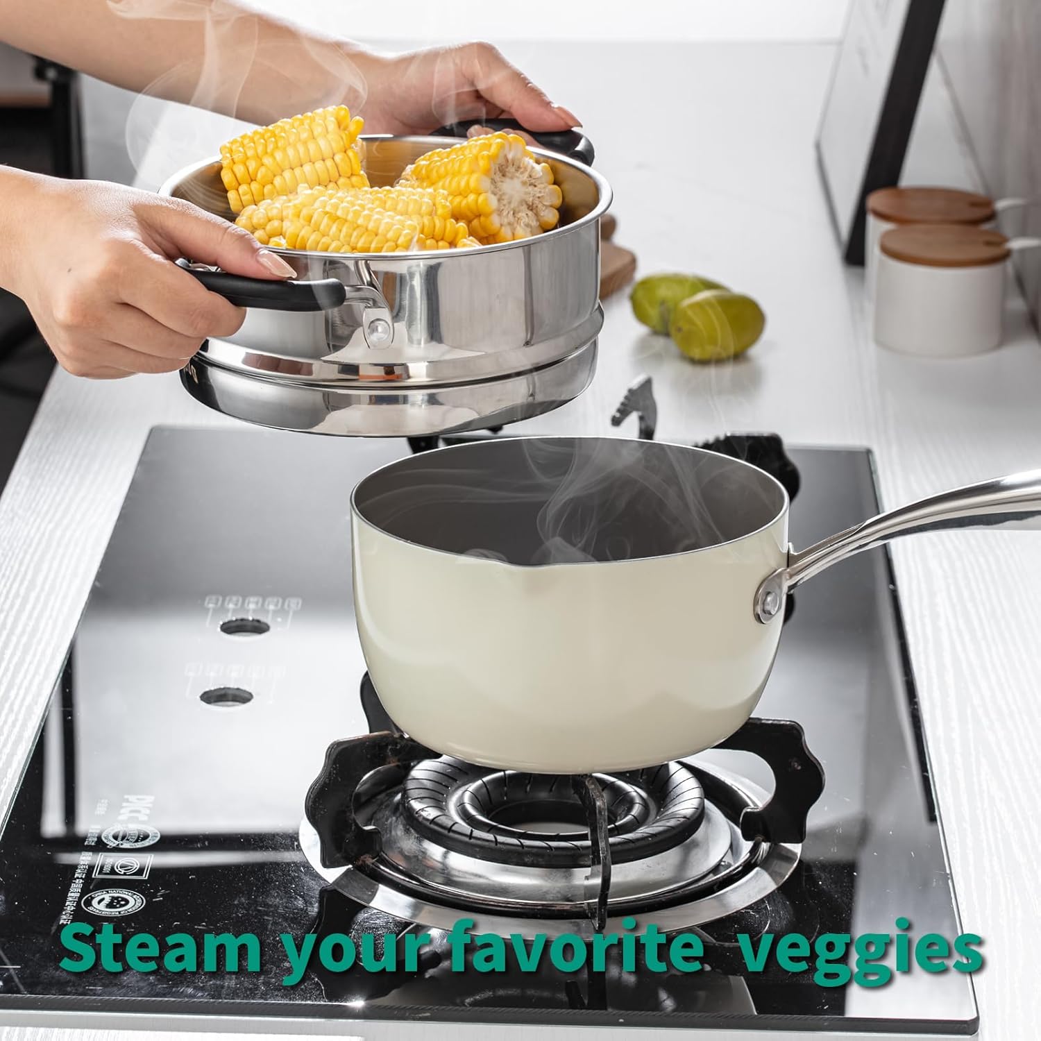 Multipurpose 2.5 Quart Stainless Steel Saucepan with Steamer Basket and Strainer Lid