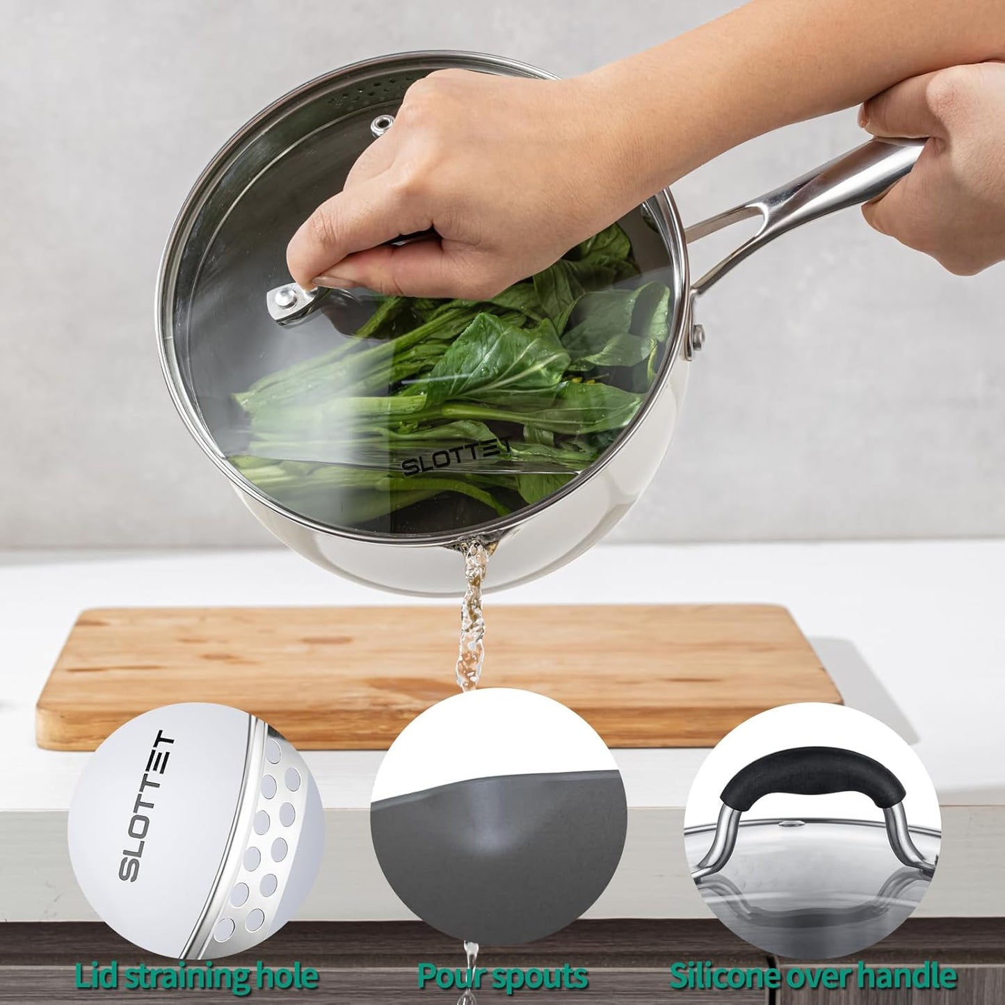 Multipurpose 2.5 Quart Stainless Steel Saucepan with Steamer Basket and Strainer Lid