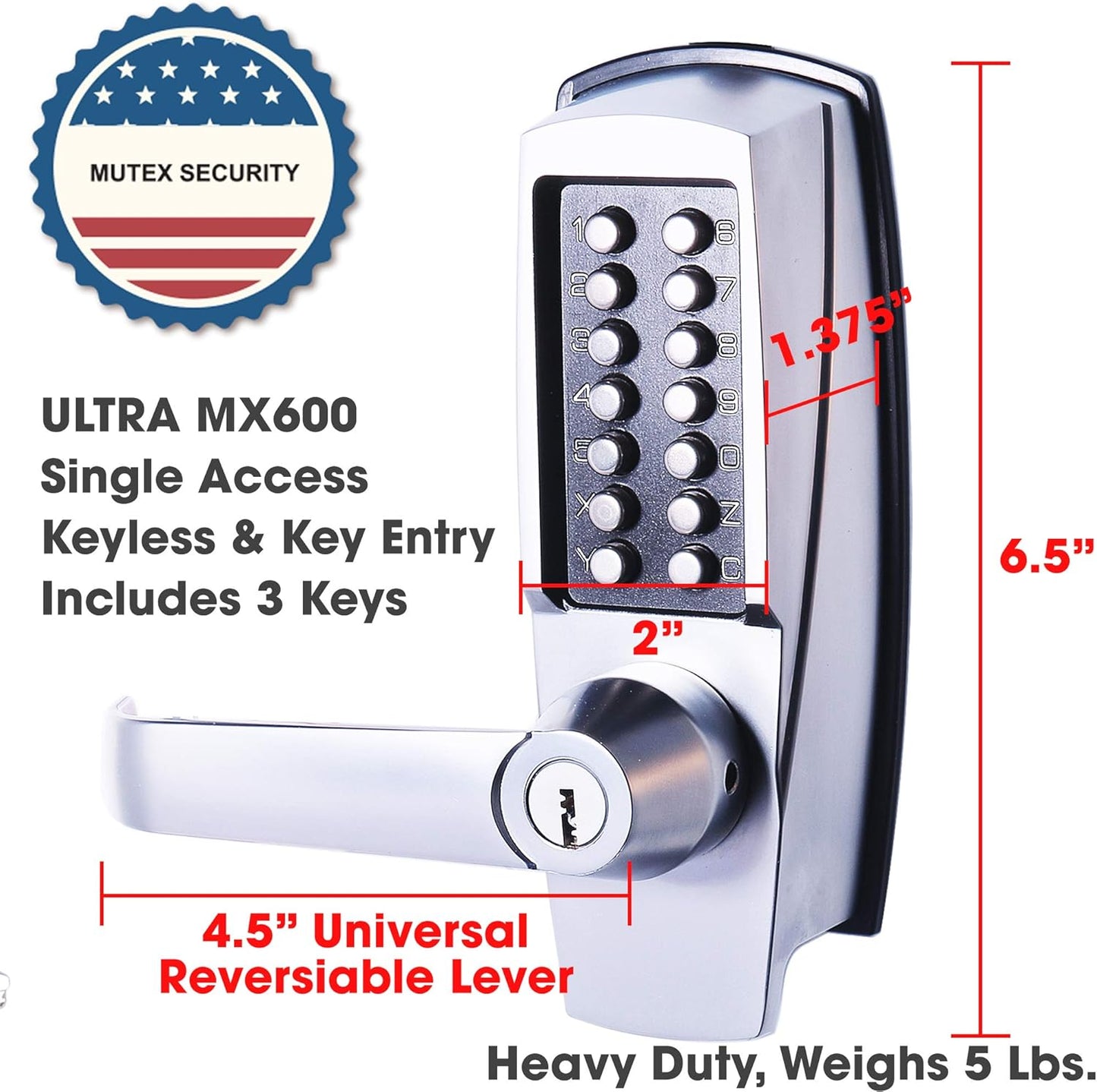 Mutex MX600 Mechanical Push Button Lever Lock with 13 Digit Keypad - Keyless Entry for Commercial & Residential Use - 60mm 2 3/8" Backset Latch - Fits Standard 2 1/8" Pre-Drilled Holes - Satin Chrome