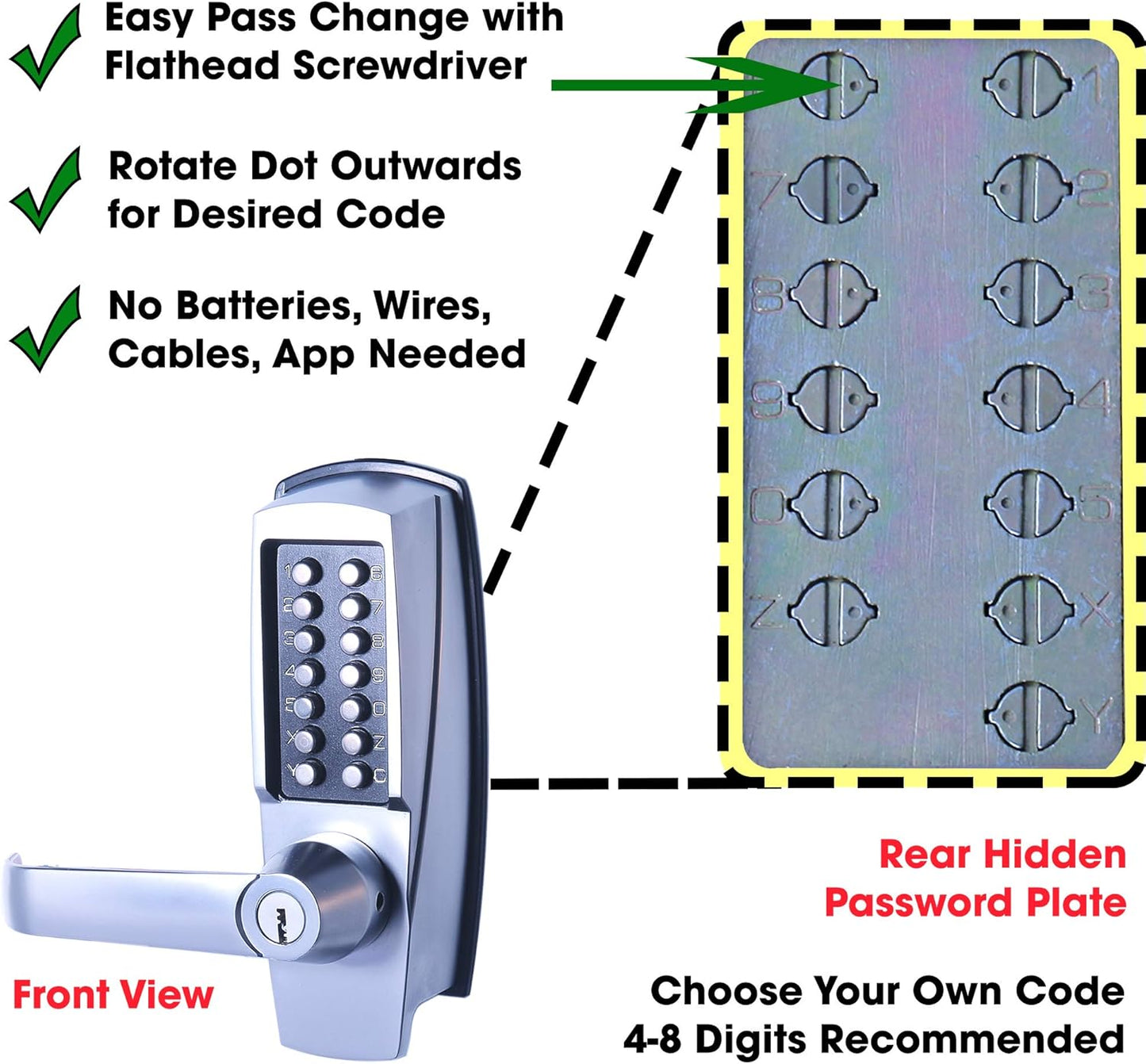 Mutex MX600 Mechanical Push Button Lever Lock with 13 Digit Keypad - Keyless Entry for Commercial & Residential Use - 60mm 2 3/8" Backset Latch - Fits Standard 2 1/8" Pre-Drilled Holes - Satin Chrome