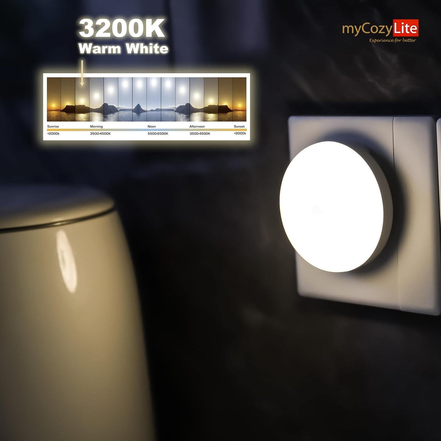 myCozyLite Plug-in Night Lights 2 Pack with Motion Sensor - Automatic Warm Hue Night Light for Kitchen, Bathroom, Bedroom, Hallway, Stairs - Slim Design, Motion Activated Indoor Lighting for Kids and Adults