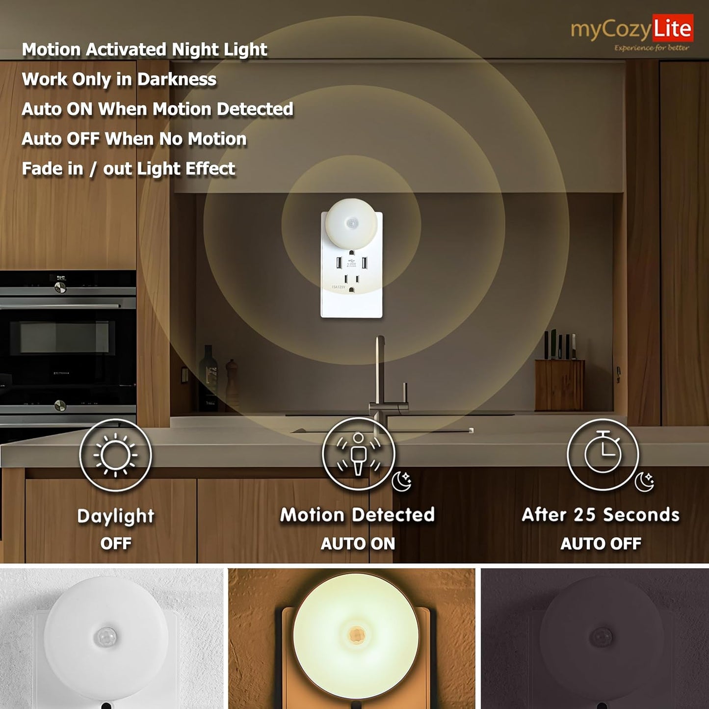 myCozyLite Plug-in Night Lights 2 Pack with Motion Sensor - Automatic Warm Hue Night Light for Kitchen, Bathroom, Bedroom, Hallway, Stairs - Slim Design, Motion Activated Indoor Lighting for Kids and Adults