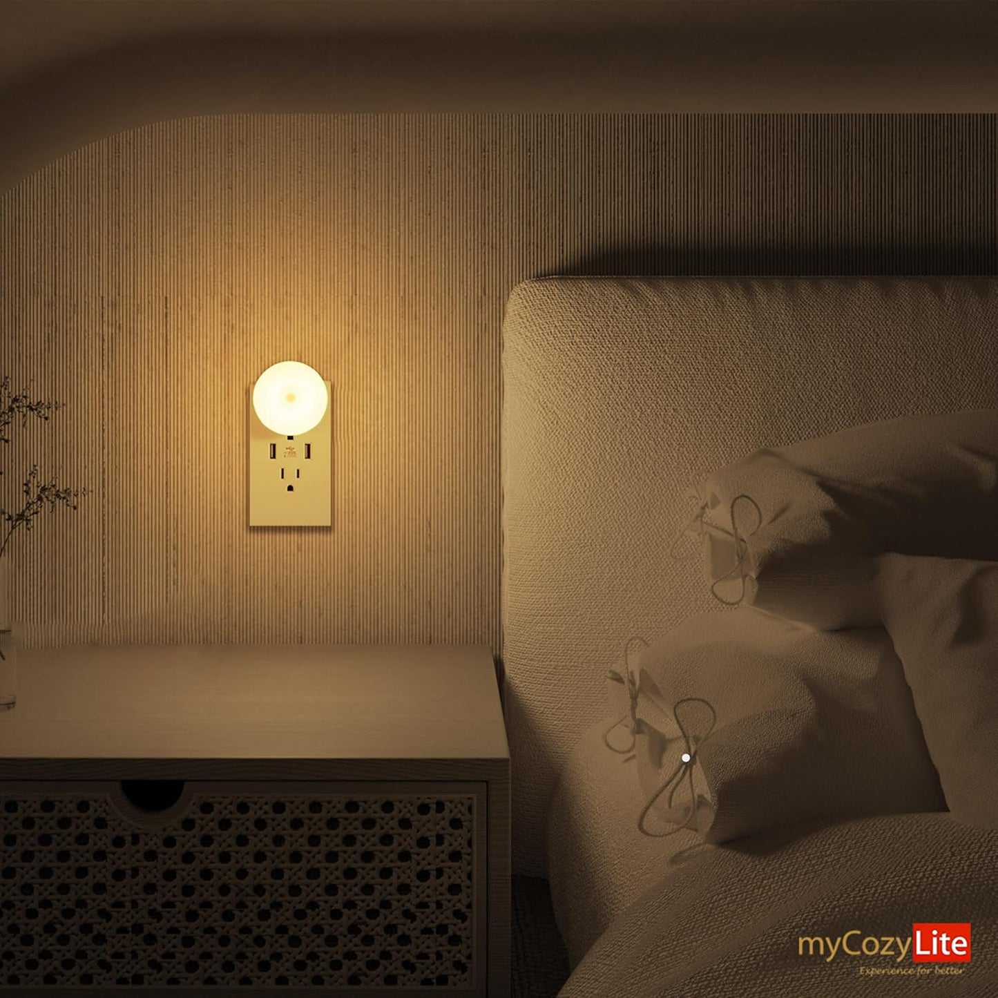 myCozyLite Plug-in Night Lights 2 Pack with Motion Sensor - Automatic Warm Hue Night Light for Kitchen, Bathroom, Bedroom, Hallway, Stairs - Slim Design, Motion Activated Indoor Lighting for Kids and Adults