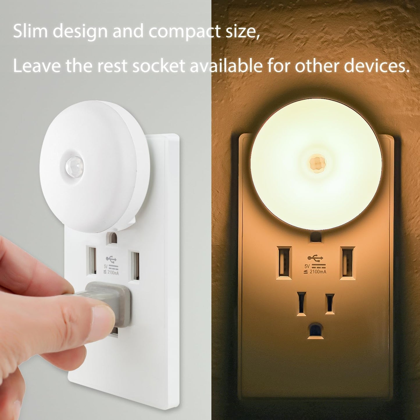 myCozyLite Plug-in Night Lights 2 Pack with Motion Sensor - Automatic Warm Hue Night Light for Kitchen, Bathroom, Bedroom, Hallway, Stairs - Slim Design, Motion Activated Indoor Lighting for Kids and Adults