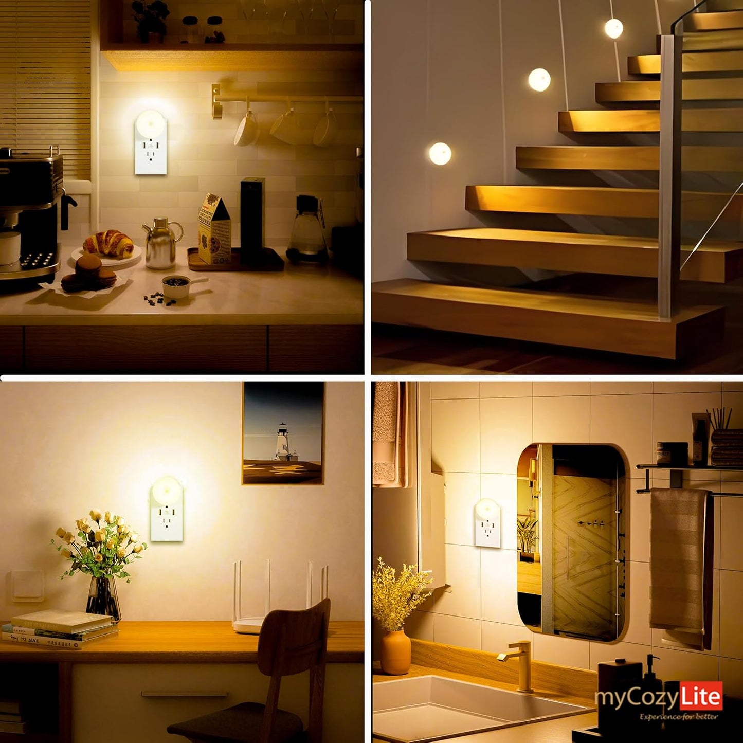 myCozyLite Plug-in Night Lights 2 Pack with Motion Sensor - Automatic Warm Hue Night Light for Kitchen, Bathroom, Bedroom, Hallway, Stairs - Slim Design, Motion Activated Indoor Lighting for Kids and Adults