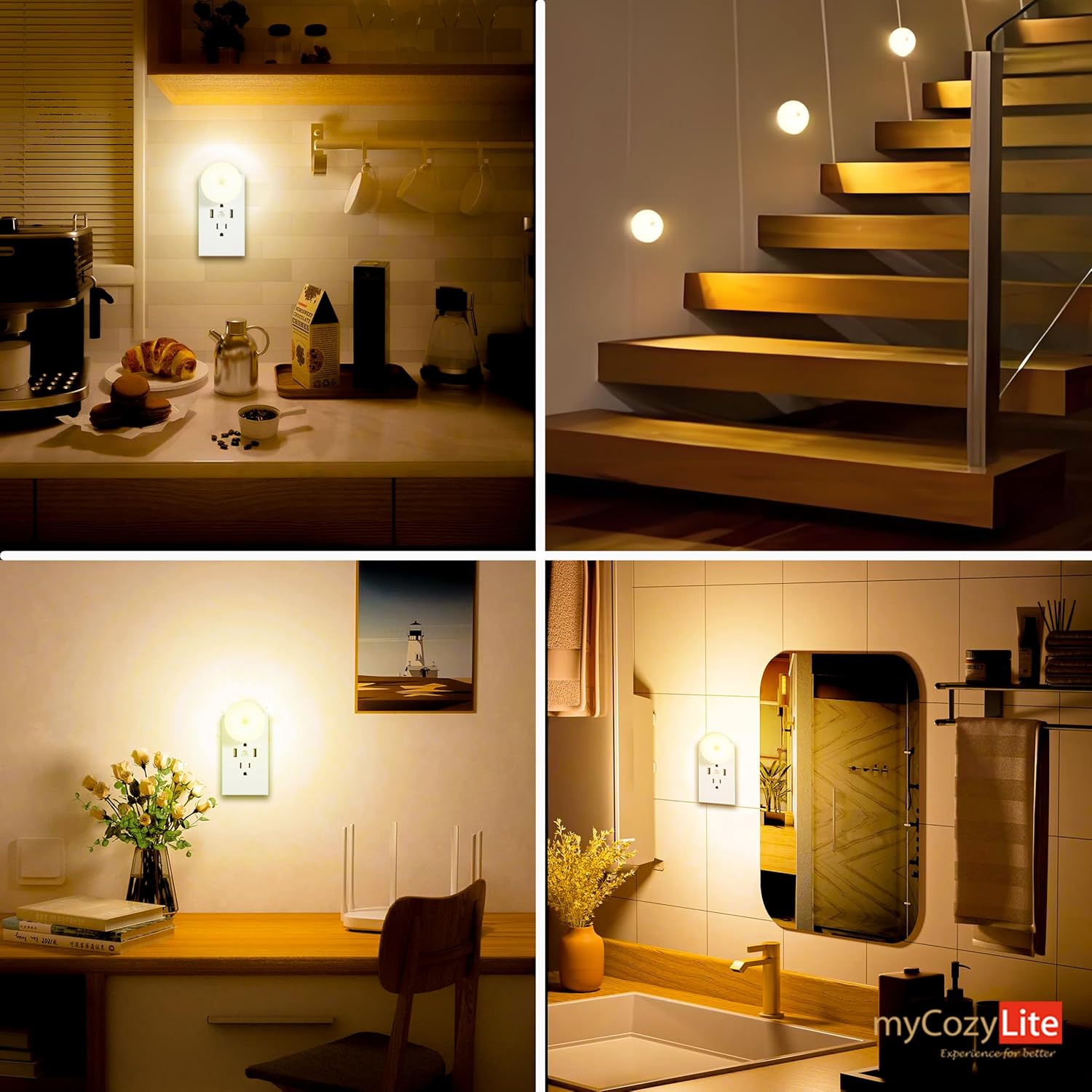 myCozyLite Plug-in Night Lights 2 Pack with Motion Sensor - Automatic Warm Hue Night Light for Kitchen, Bathroom, Bedroom, Hallway, Stairs - Slim Design, Motion Activated Indoor Lighting for Kids and Adults