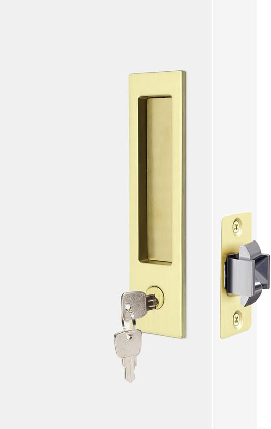 Narrow Modern Rectangular Pocket Door Handle with Lock - Keyed Entry Function for 1 3/8” to 2 3/16” Thickness Doors - (2, Satin Brass)