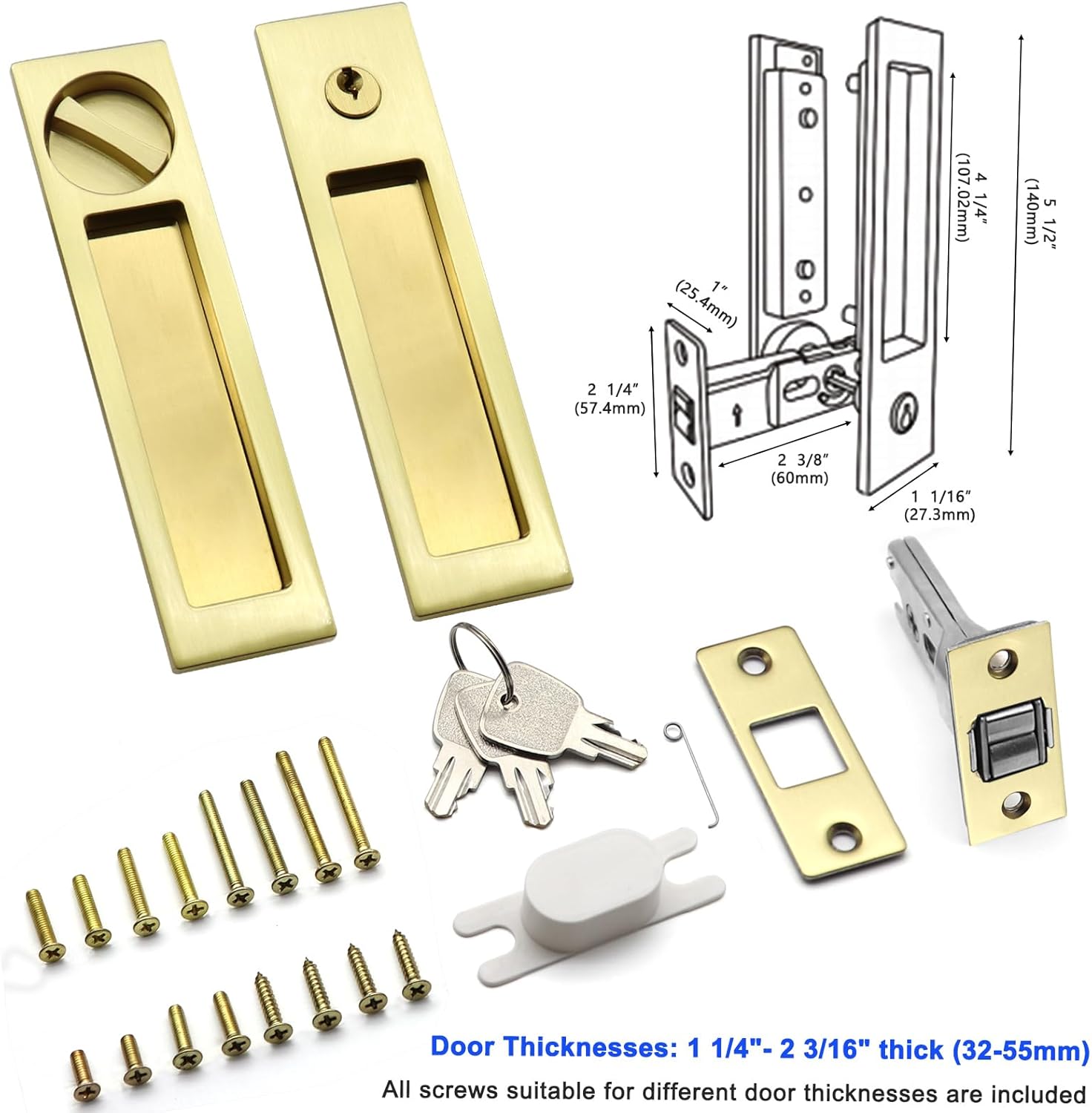 Narrow Modern Rectangular Pocket Door Handle with Lock - Keyed Entry Function for 1 3/8” to 2 3/16” Thickness Doors - (2, Satin Brass)