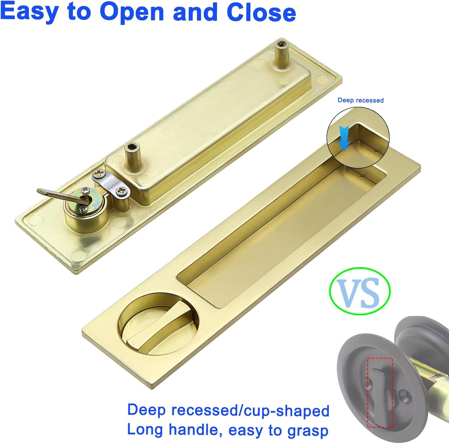 Narrow Modern Rectangular Pocket Door Handle with Lock - Keyed Entry Function for 1 3/8” to 2 3/16” Thickness Doors - (2, Satin Brass)
