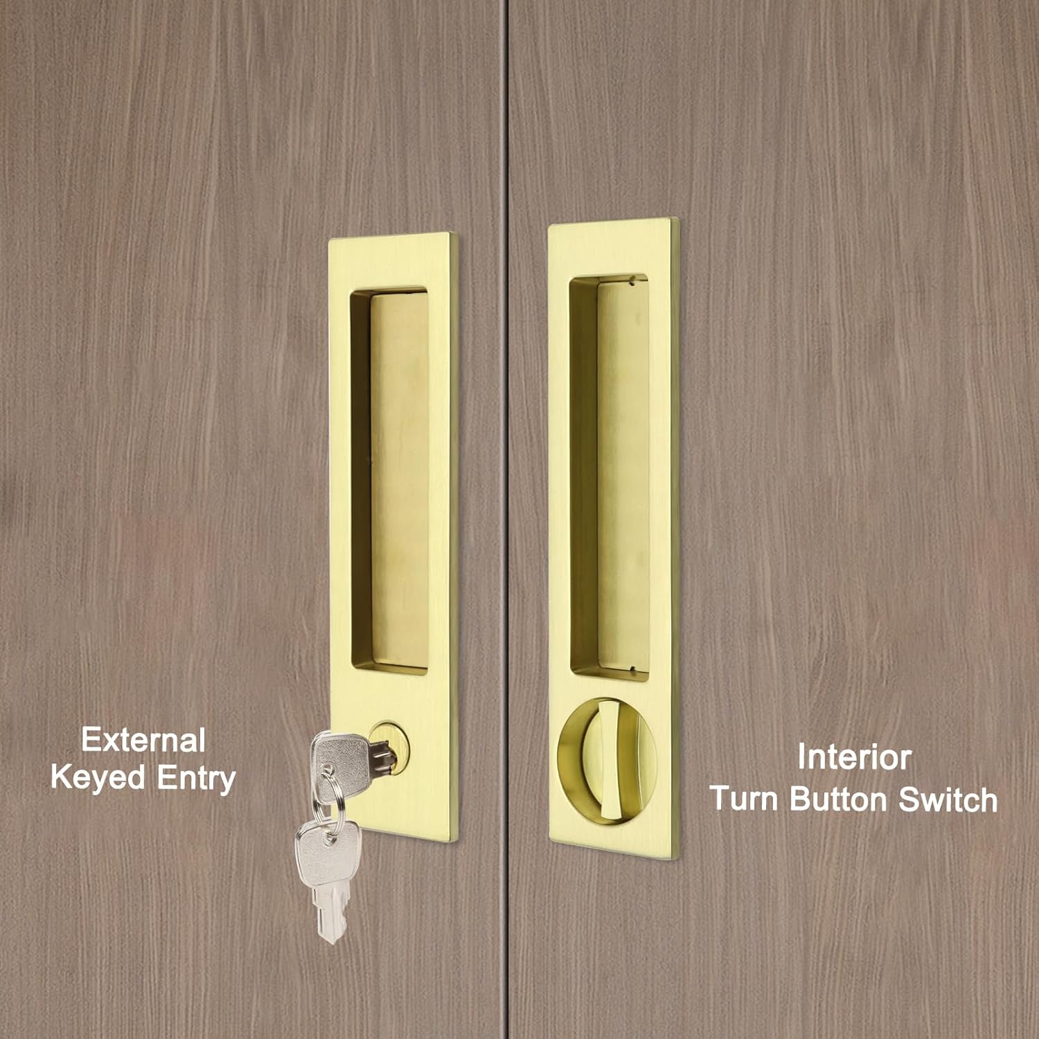 Narrow Modern Rectangular Pocket Door Handle with Lock - Keyed Entry Function for 1 3/8” to 2 3/16” Thickness Doors - (2, Satin Brass)