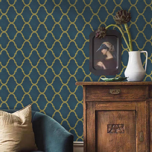 Navy Blue and Gold Geometric Trellis Peel and Stick Wallpaper - Removable Contact Paper for Accent Wall, Cabinet, Shelf - Waterproof Self Adhesive Vinyl Roll 16.4"x118.1" - Easy Application