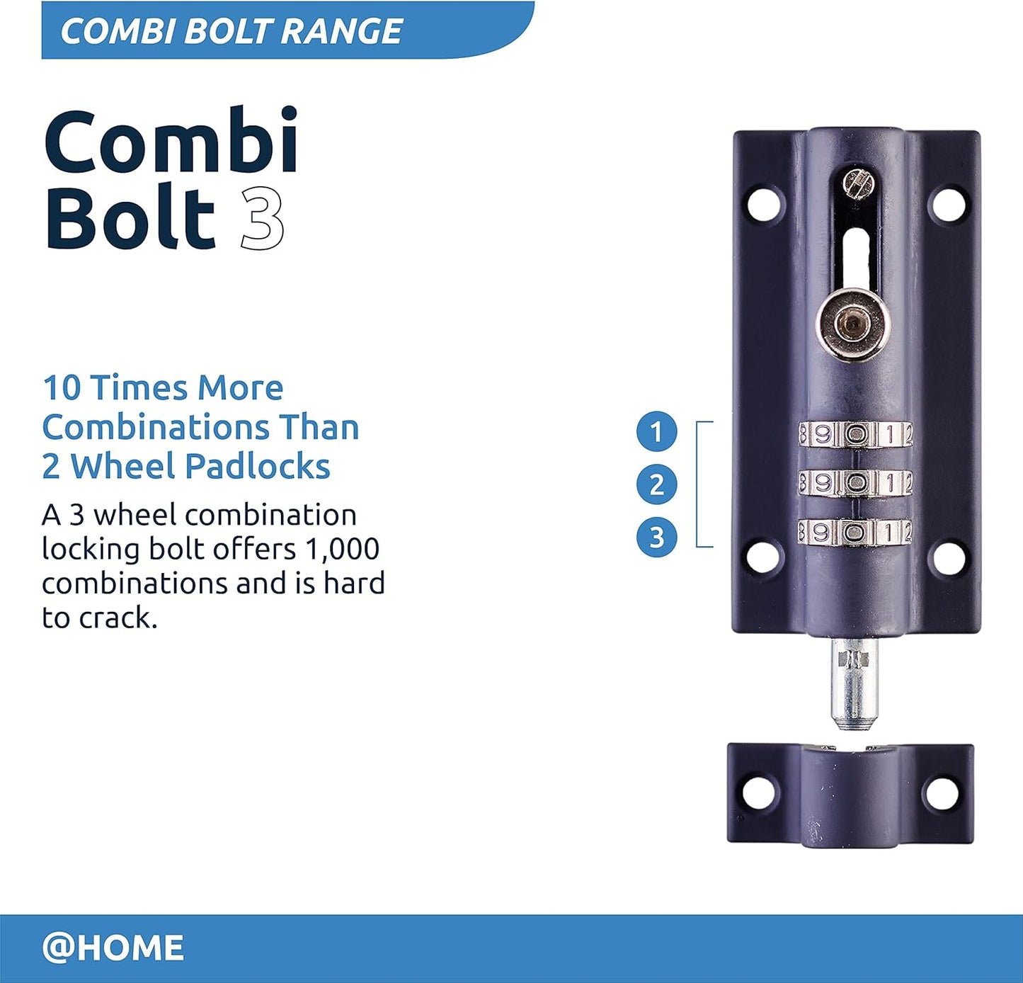 Navy Blue High Security Gate Lock for Home & Garages - Weatherproof Combination Locking Bolt - Tamper Proof Slide Bolt - Squire Combi3 Bolt Lock