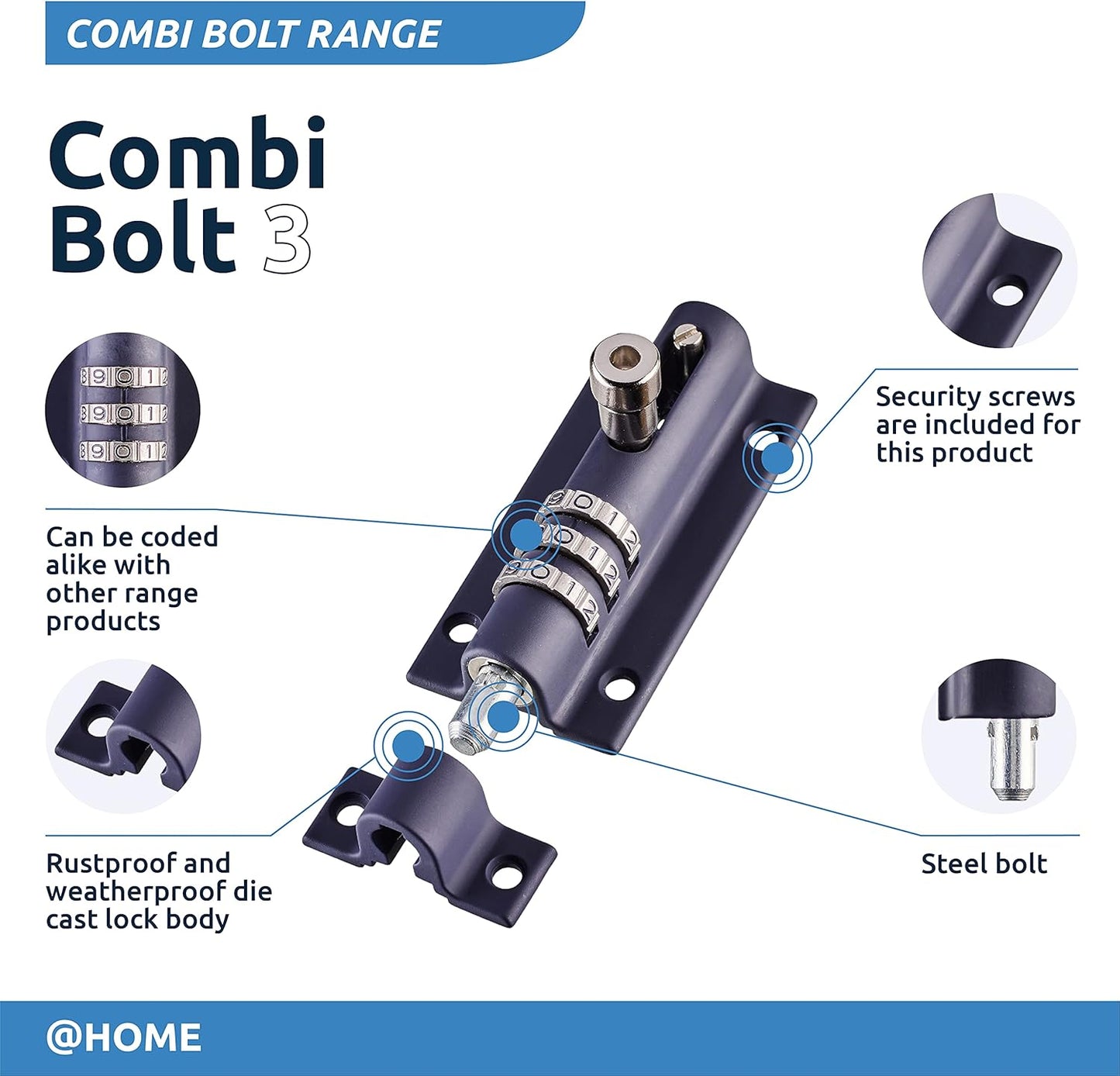 Navy Blue High Security Gate Lock for Home & Garages - Weatherproof Combination Locking Bolt - Tamper Proof Slide Bolt - Squire Combi3 Bolt Lock