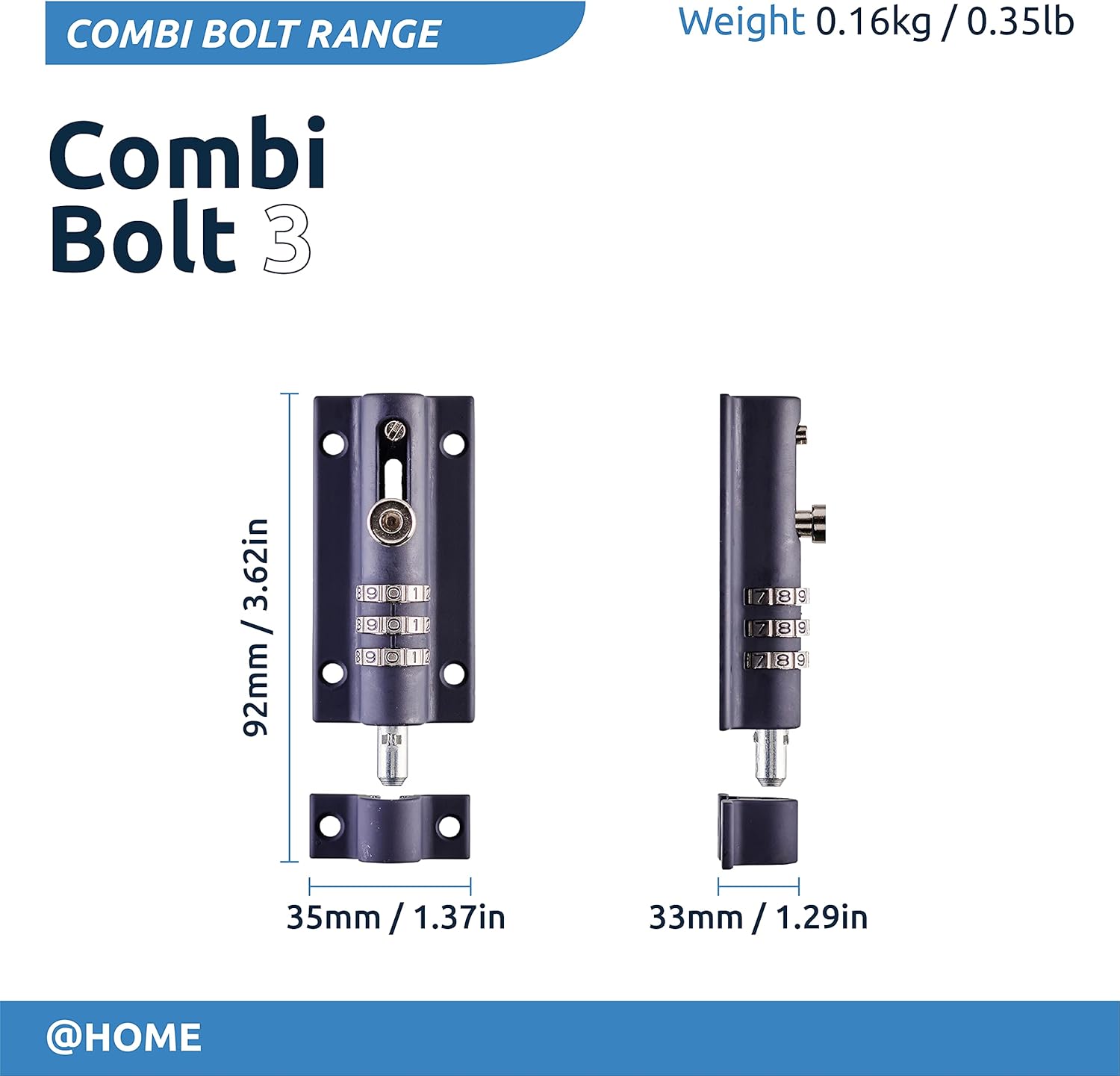 Navy Blue High Security Gate Lock for Home & Garages - Weatherproof Combination Locking Bolt - Tamper Proof Slide Bolt - Squire Combi3 Bolt Lock