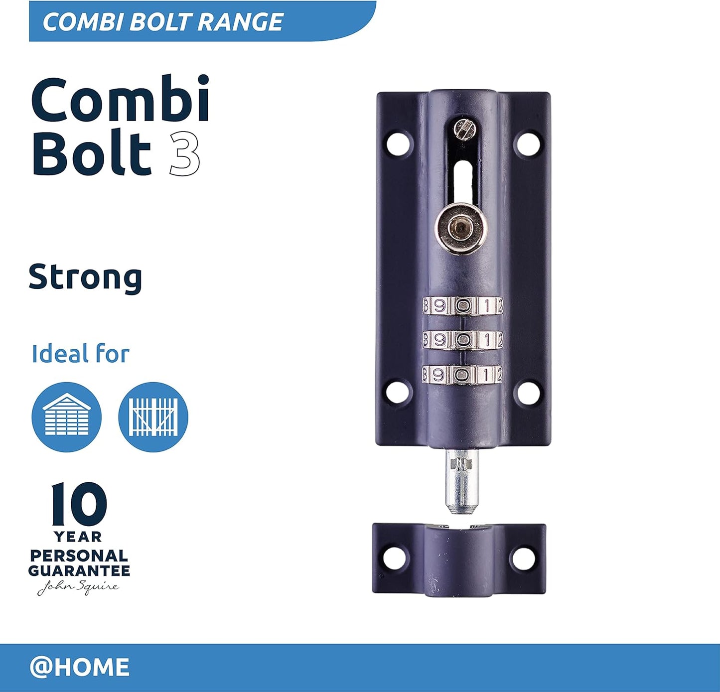 Navy Blue High Security Gate Lock for Home & Garages - Weatherproof Combination Locking Bolt - Tamper Proof Slide Bolt - Squire Combi3 Bolt Lock