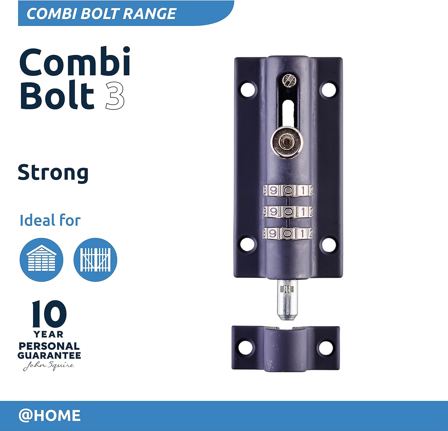 Navy Blue High Security Gate Lock for Home & Garages - Weatherproof Combination Locking Bolt - Tamper Proof Slide Bolt - Squire Combi3 Bolt Lock