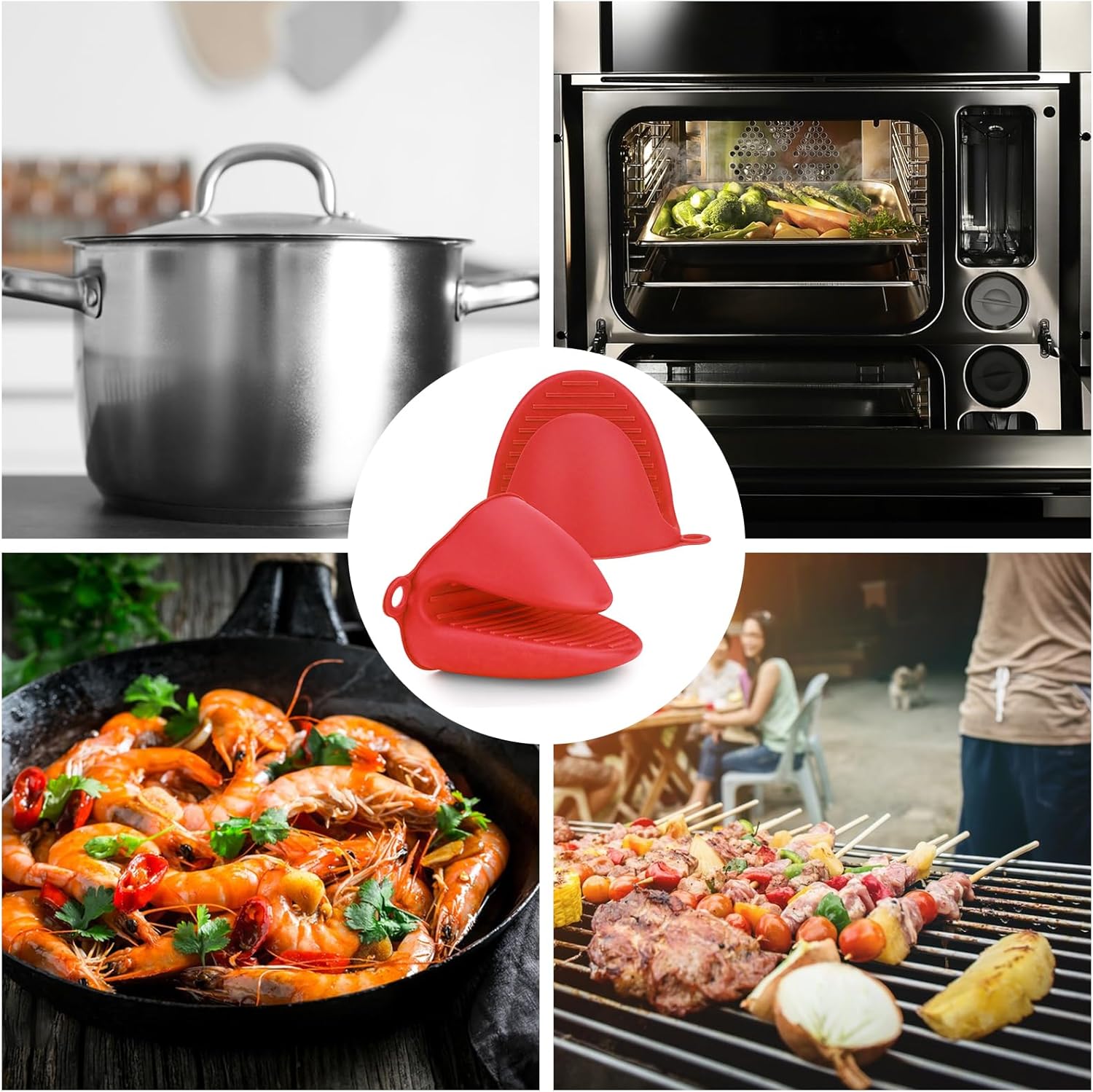 NEPAK Mini Silicone Oven Mitts Heat Resistant - 2 Pairs Pinch Grips for Kitchen Cooking & Baking - Red and Blue