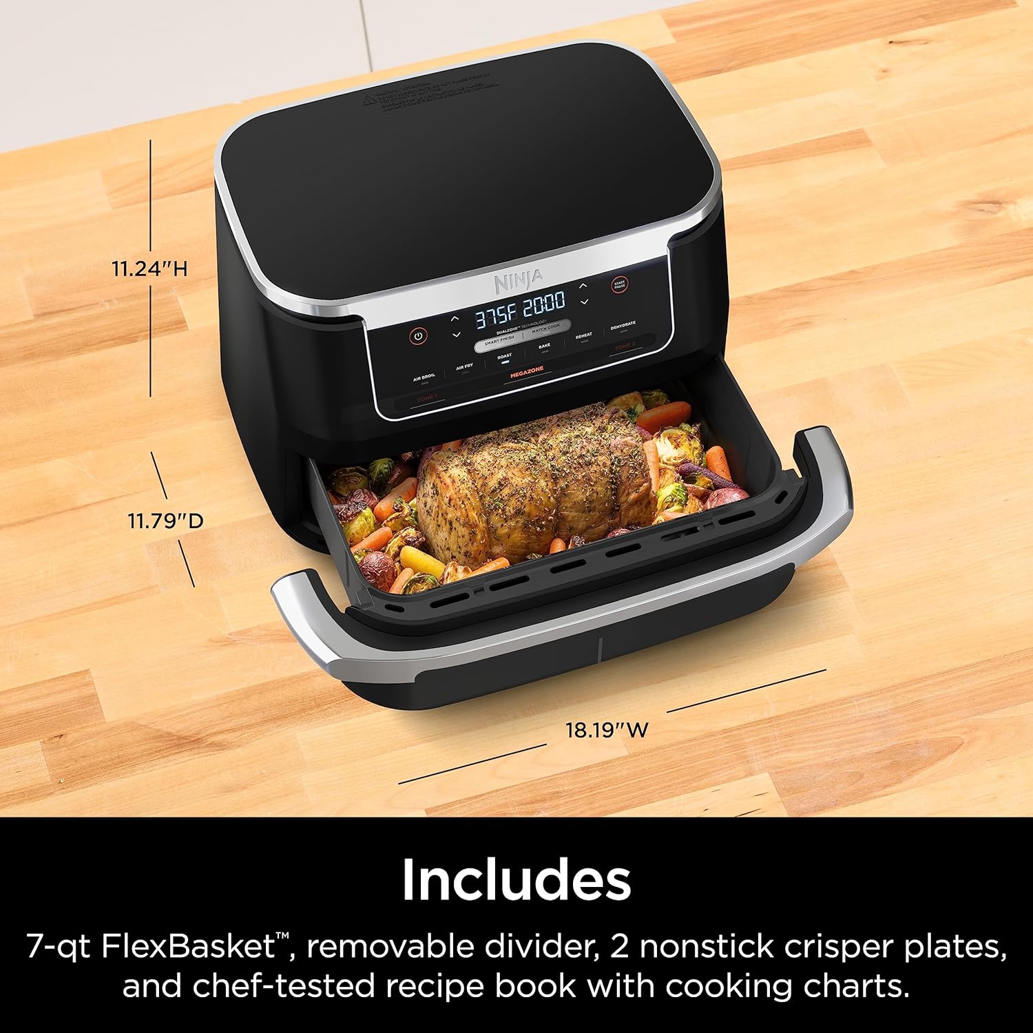 Ninja DZ071 Foodi 6-in-1 Air Fryer with 7-QT MegaZone, Basket Divider, and Smart Finish - Family-Sized Capacity for Air Frying, Roasting, and More