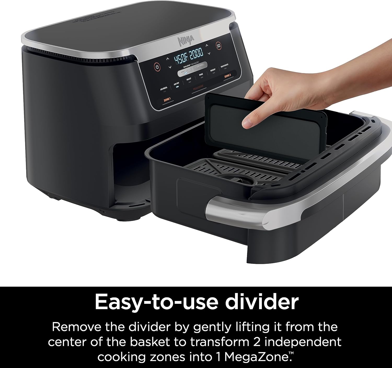 Ninja DZ071 Foodi 6-in-1 Air Fryer with 7-QT MegaZone, Basket Divider, and Smart Finish - Family-Sized Capacity for Air Frying, Roasting, and More