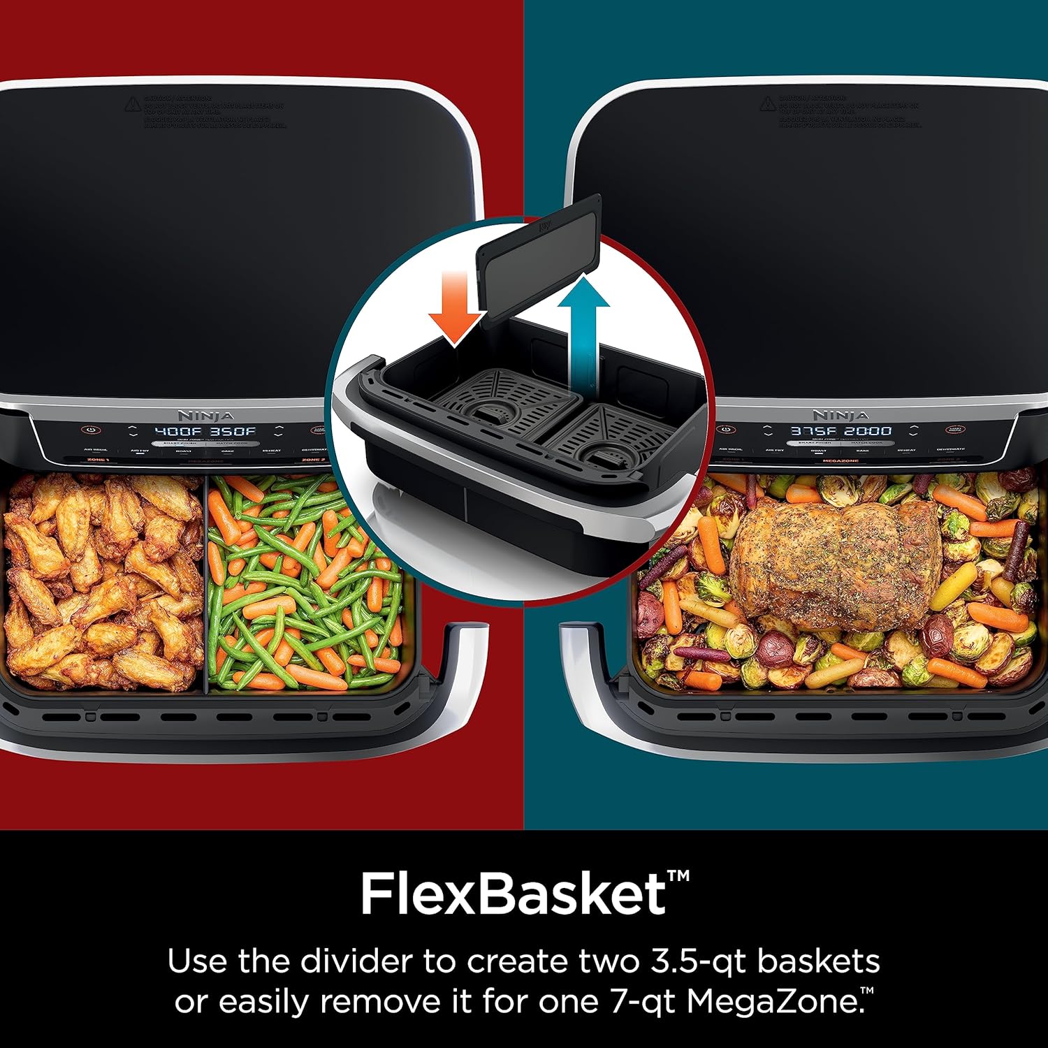 Ninja DZ071 Foodi 6-in-1 Air Fryer with 7-QT MegaZone, Basket Divider, and Smart Finish - Family-Sized Capacity for Air Frying, Roasting, and More