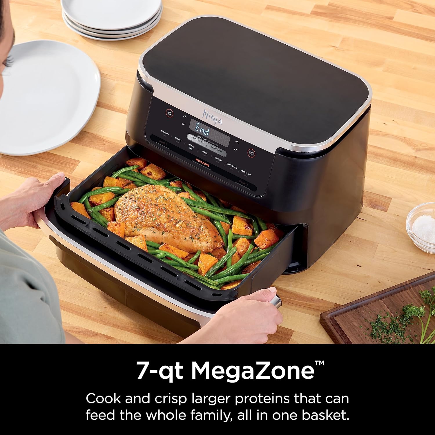 Ninja DZ071 Foodi 6-in-1 Air Fryer with 7-QT MegaZone, Basket Divider, and Smart Finish - Family-Sized Capacity for Air Frying, Roasting, and More