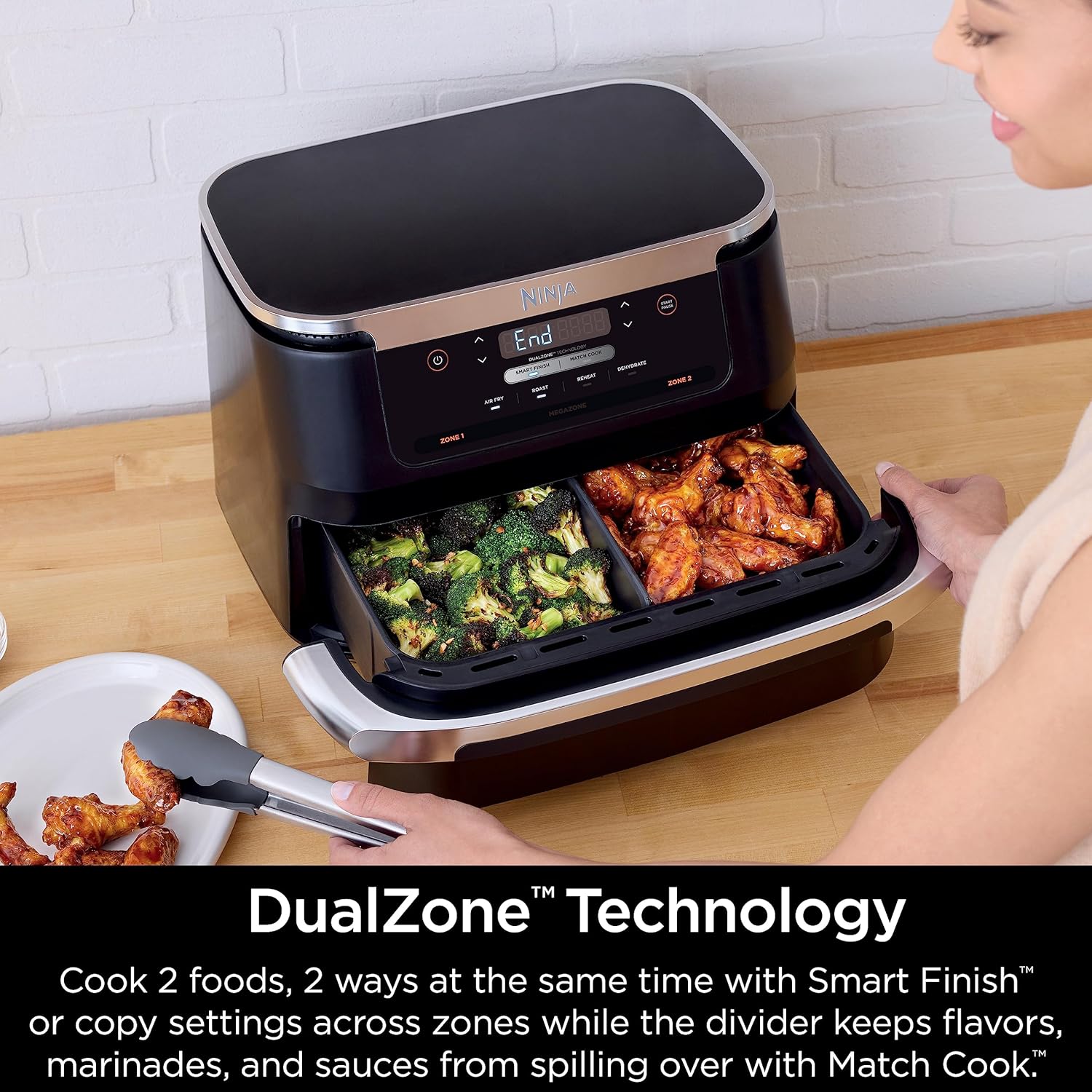 Ninja DZ071 Foodi 6-in-1 Air Fryer with 7-QT MegaZone, Basket Divider, and Smart Finish - Family-Sized Capacity for Air Frying, Roasting, and More