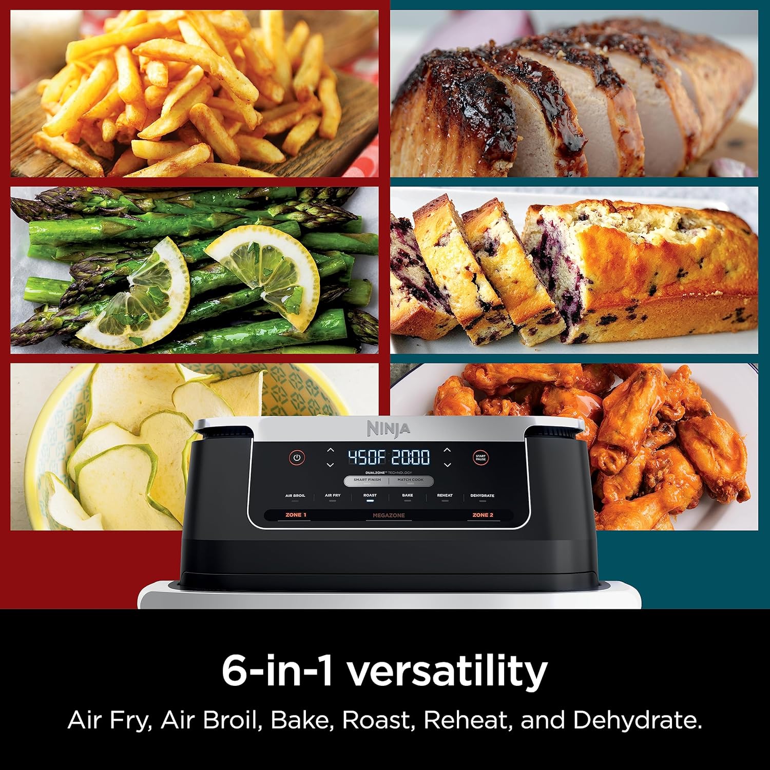 Ninja DZ071 Foodi 6-in-1 Air Fryer with 7-QT MegaZone, Basket Divider, and Smart Finish - Family-Sized Capacity for Air Frying, Roasting, and More