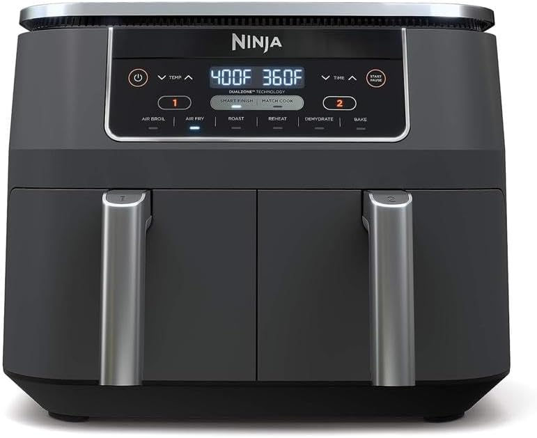 Ninja DZ201 Foodi 8 Quart DualZone 2-Basket Air Fryer for Quick Meals, Grey Color, 6 Functions in 1